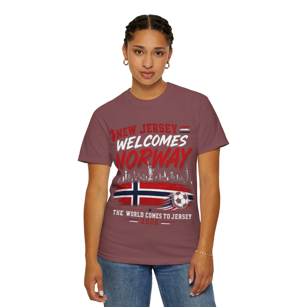 New Jersey Welcomes Norway T-Shirt | Norway Flag Soccer Jersey Skyline