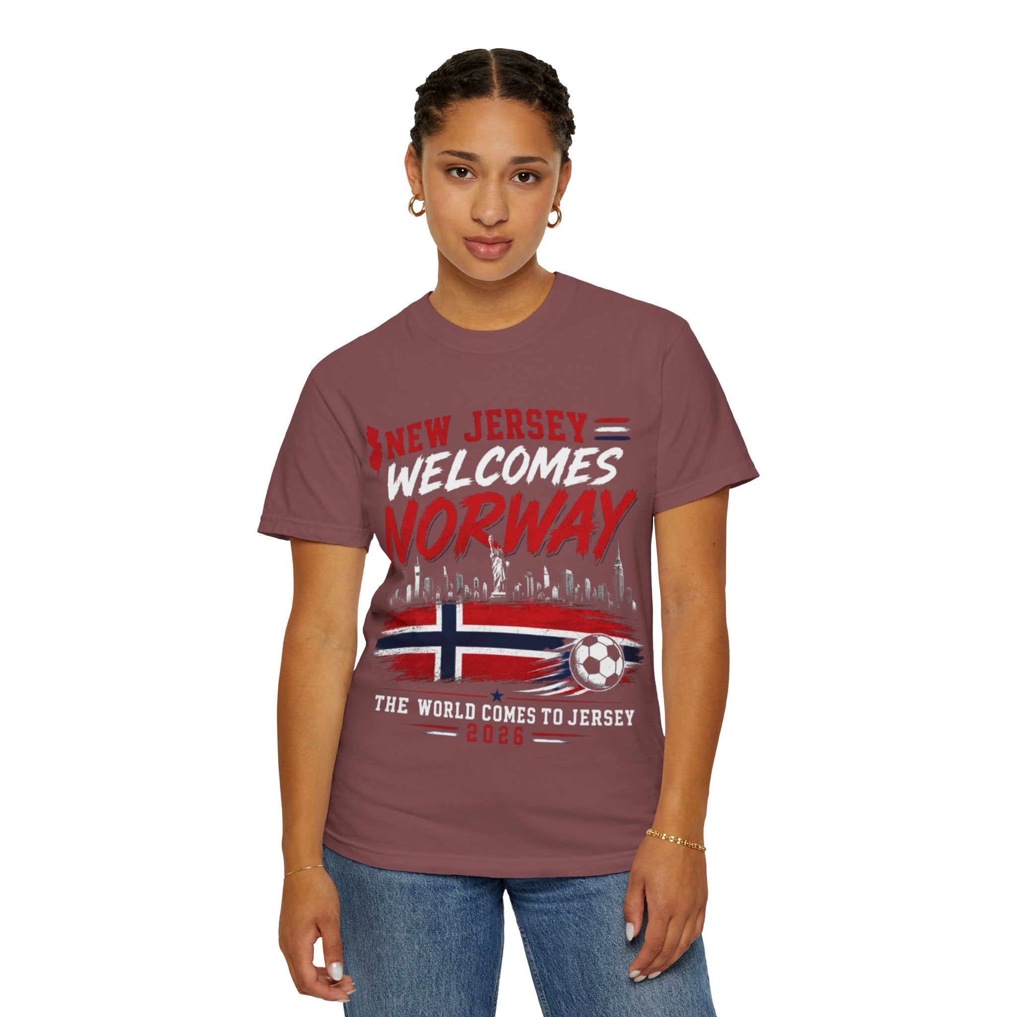 New Jersey Welcomes Norway T-Shirt | Norway Flag Soccer Jersey Skyline