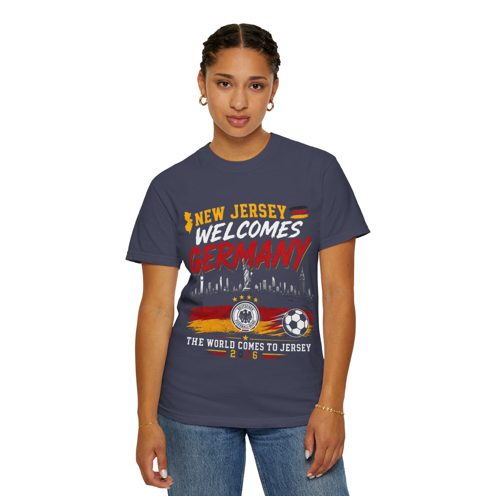 New Jersey Welcomes Germany T-Shirt | Soccer Flag Skyline Design