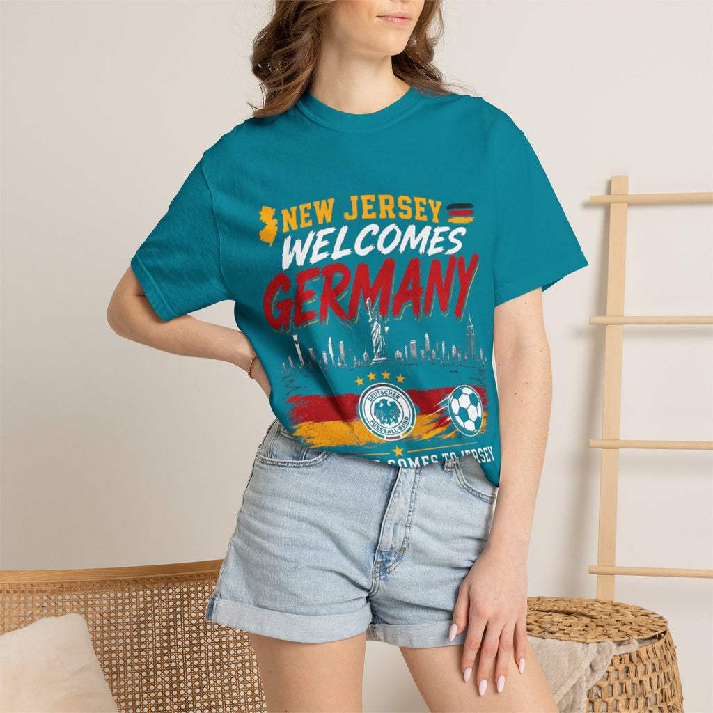 New Jersey Welcomes Germany T-Shirt | Soccer Flag Skyline Design
