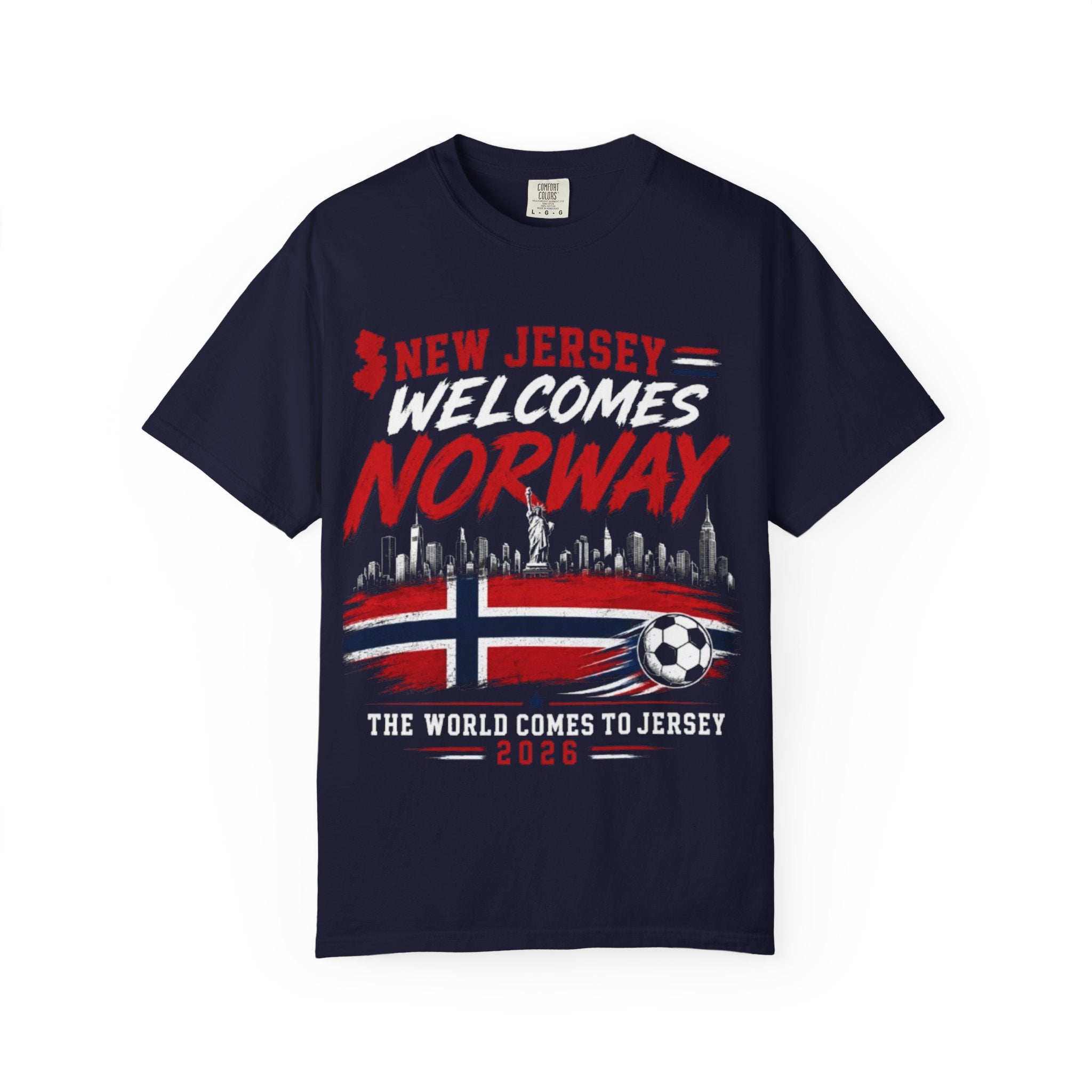 New Jersey Welcomes Norway T-Shirt | Norway Flag Soccer Jersey Skyline