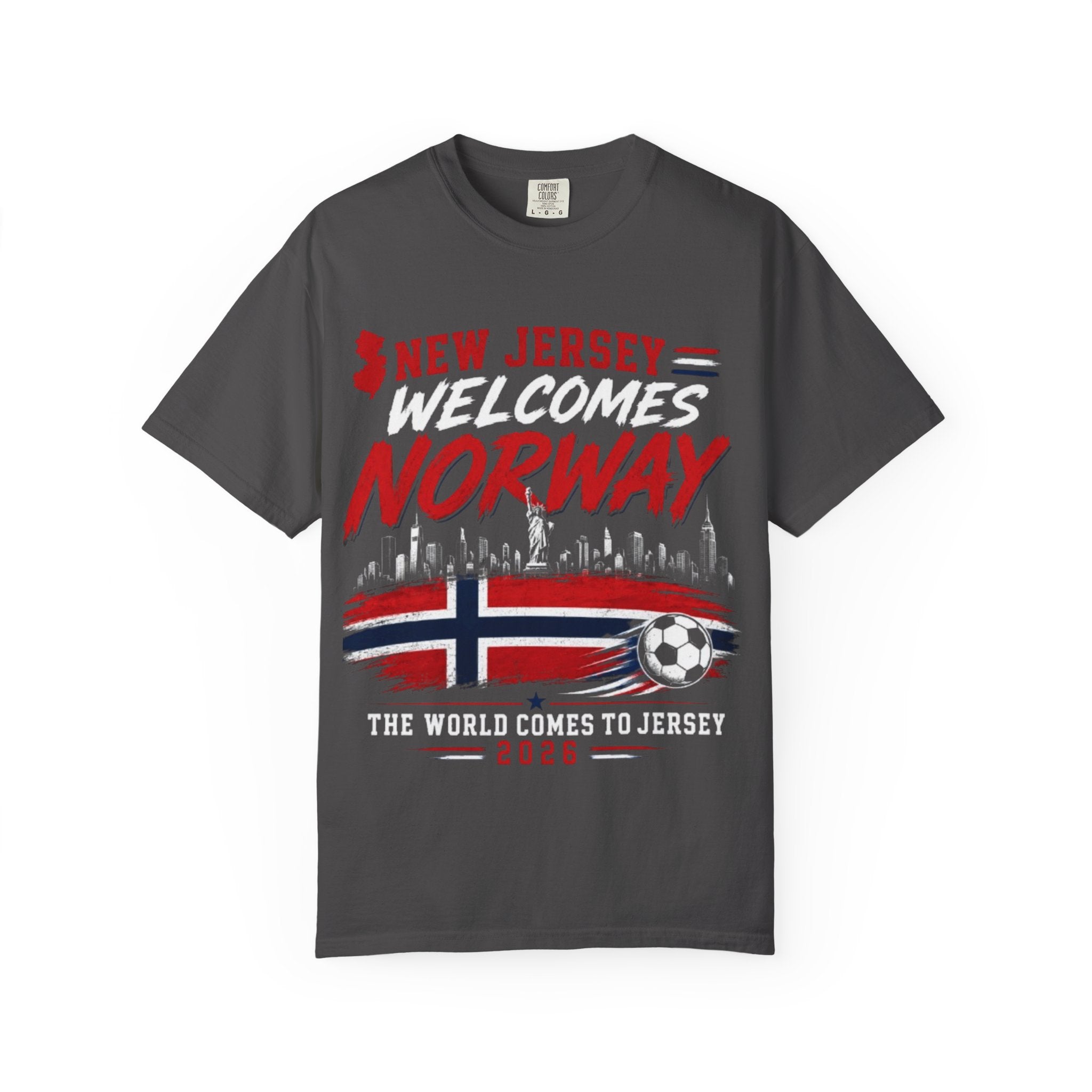 New Jersey Welcomes Norway T-Shirt | Norway Flag Soccer Jersey Skyline
