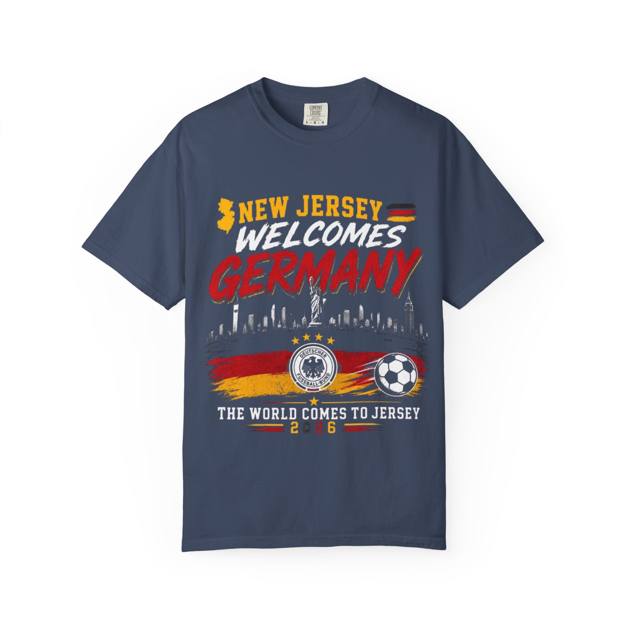 New Jersey Welcomes Germany T-Shirt | Soccer Flag Skyline Design