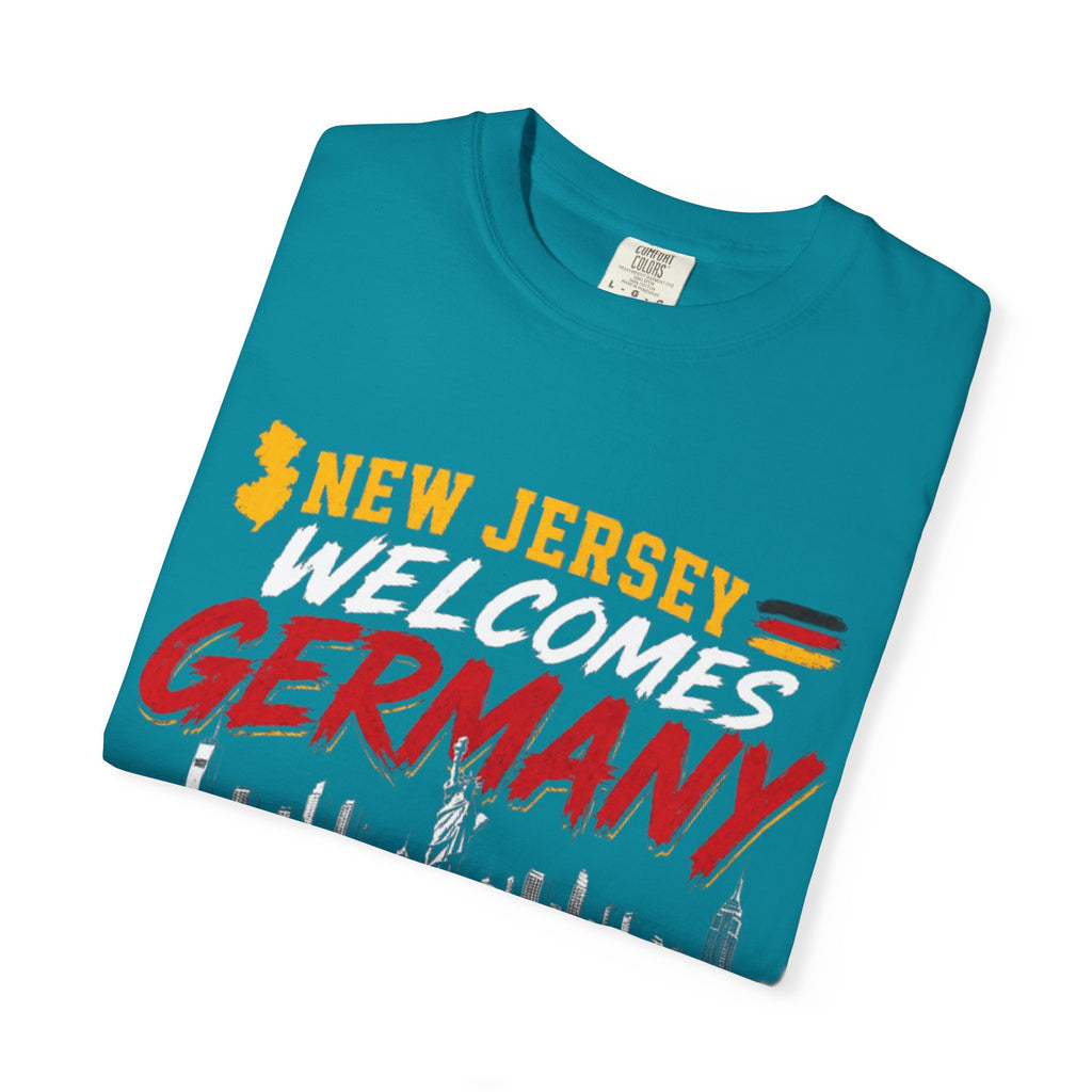 New Jersey Welcomes Germany T-Shirt | Soccer Flag Skyline Design