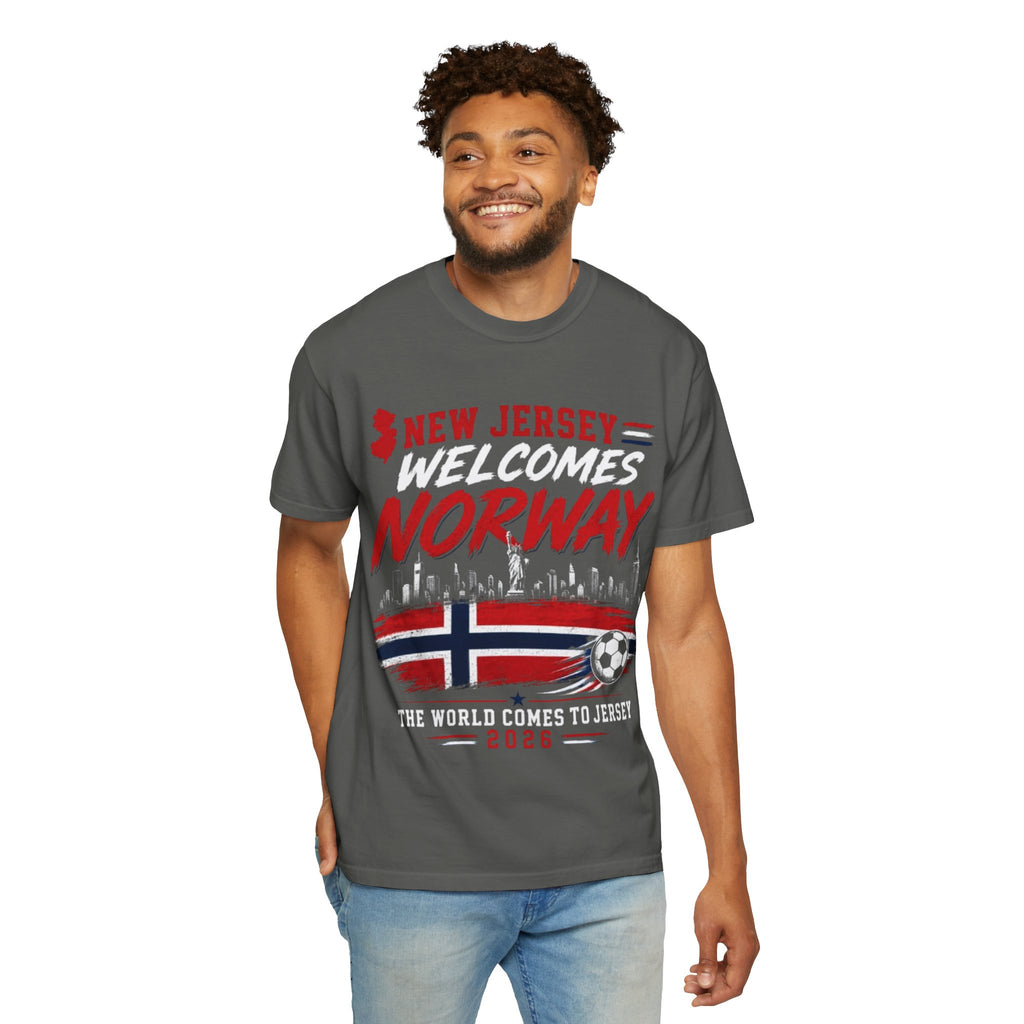 New Jersey Welcomes Norway T-Shirt | Norway Flag Soccer Jersey Skyline
