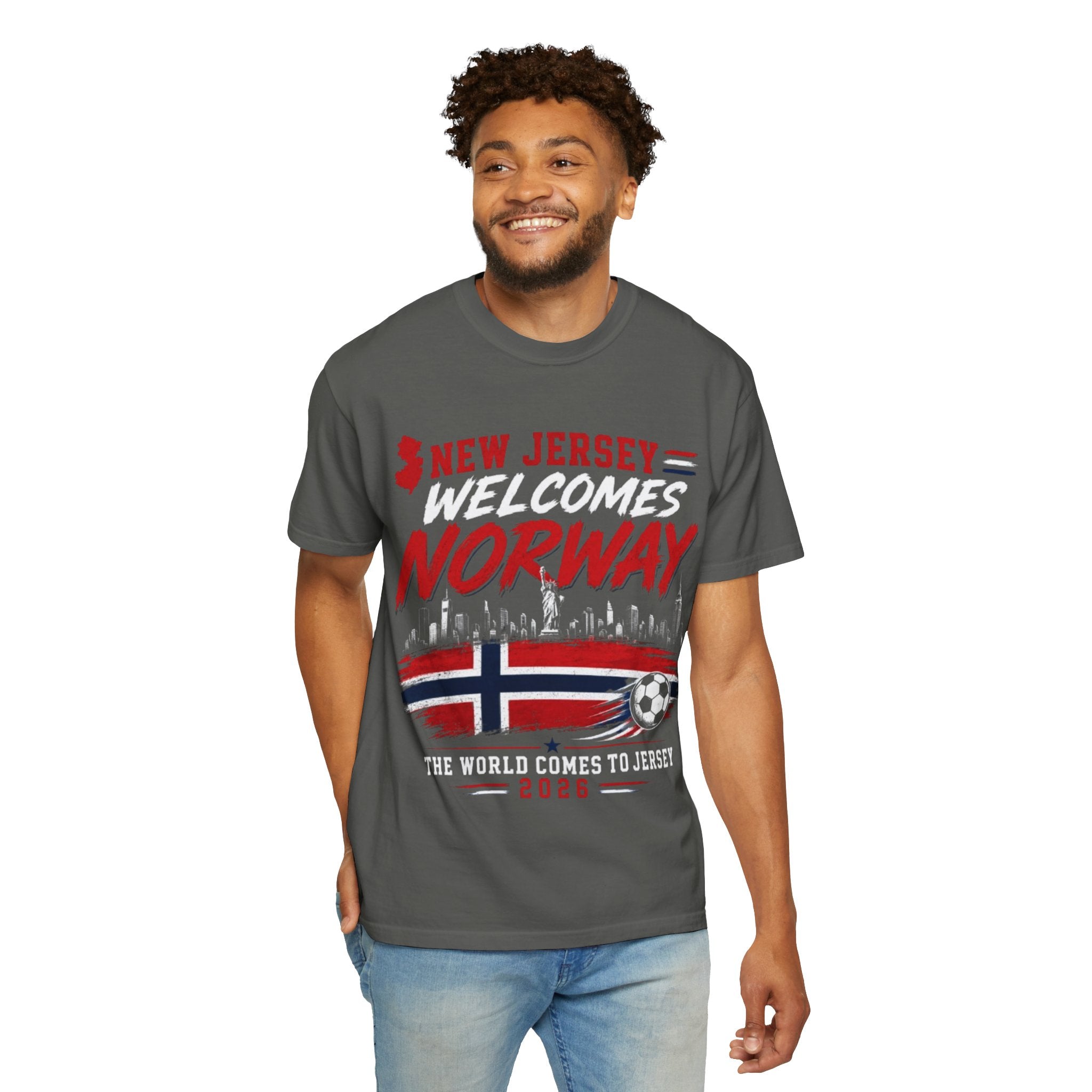 New Jersey Welcomes Norway T-Shirt | Norway Flag Soccer Jersey Skyline