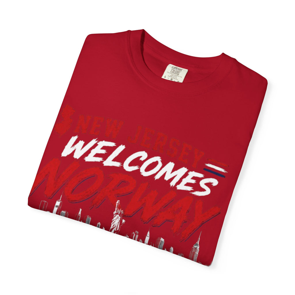 New Jersey Welcomes Norway T-Shirt | Norway Flag Soccer Jersey Skyline