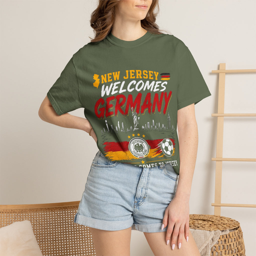 New Jersey Welcomes Germany T-Shirt | Soccer Flag Skyline Design