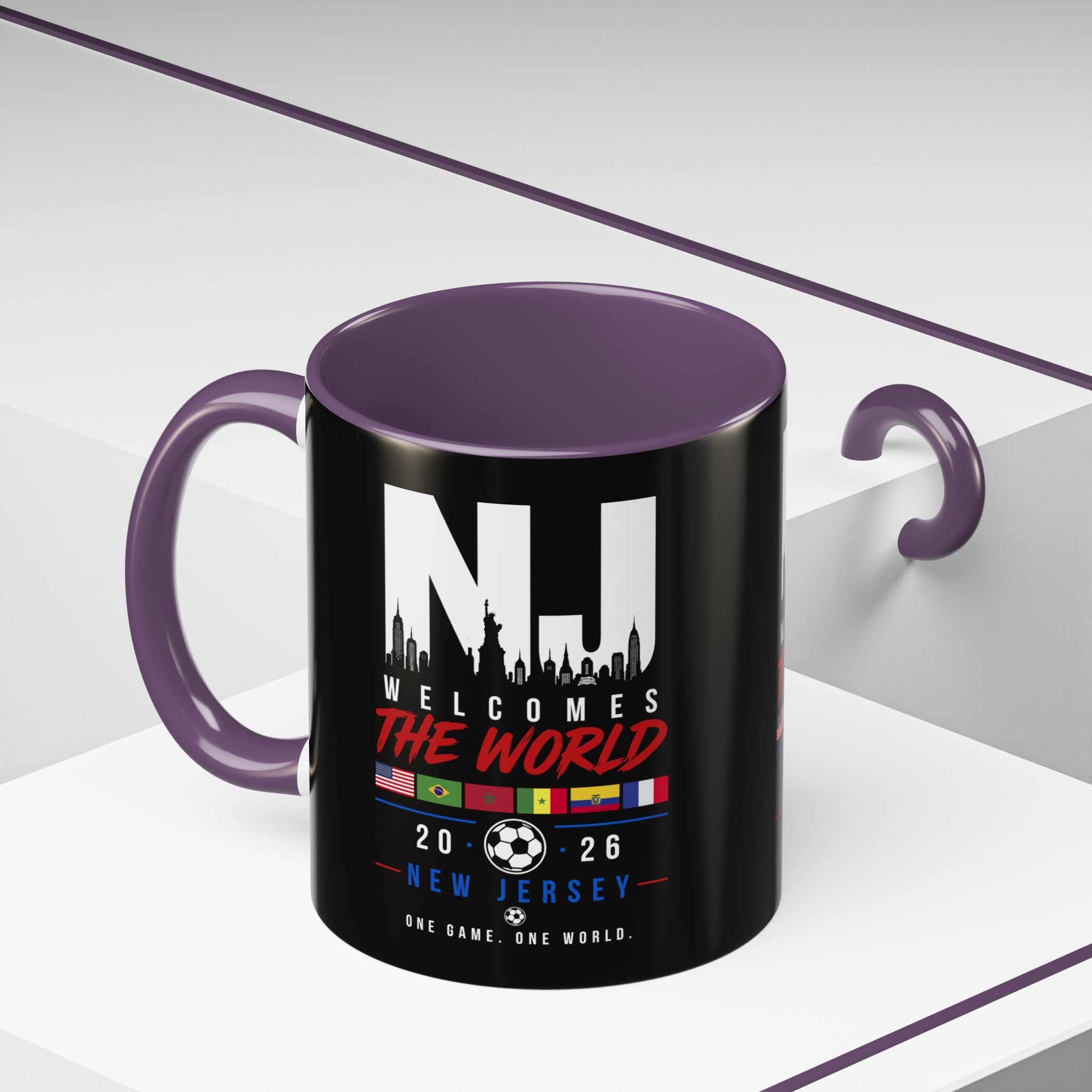 New Jersey Soccer World Cup Accent Coffee Mug — 'NJ Welcomes The World' 11/15oz