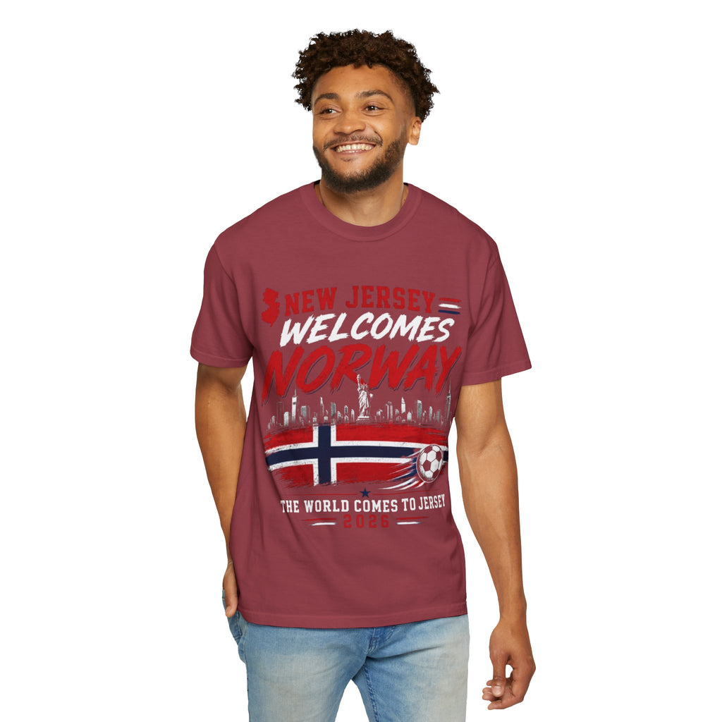 New Jersey Welcomes Norway T-Shirt | Norway Flag Soccer Jersey Skyline