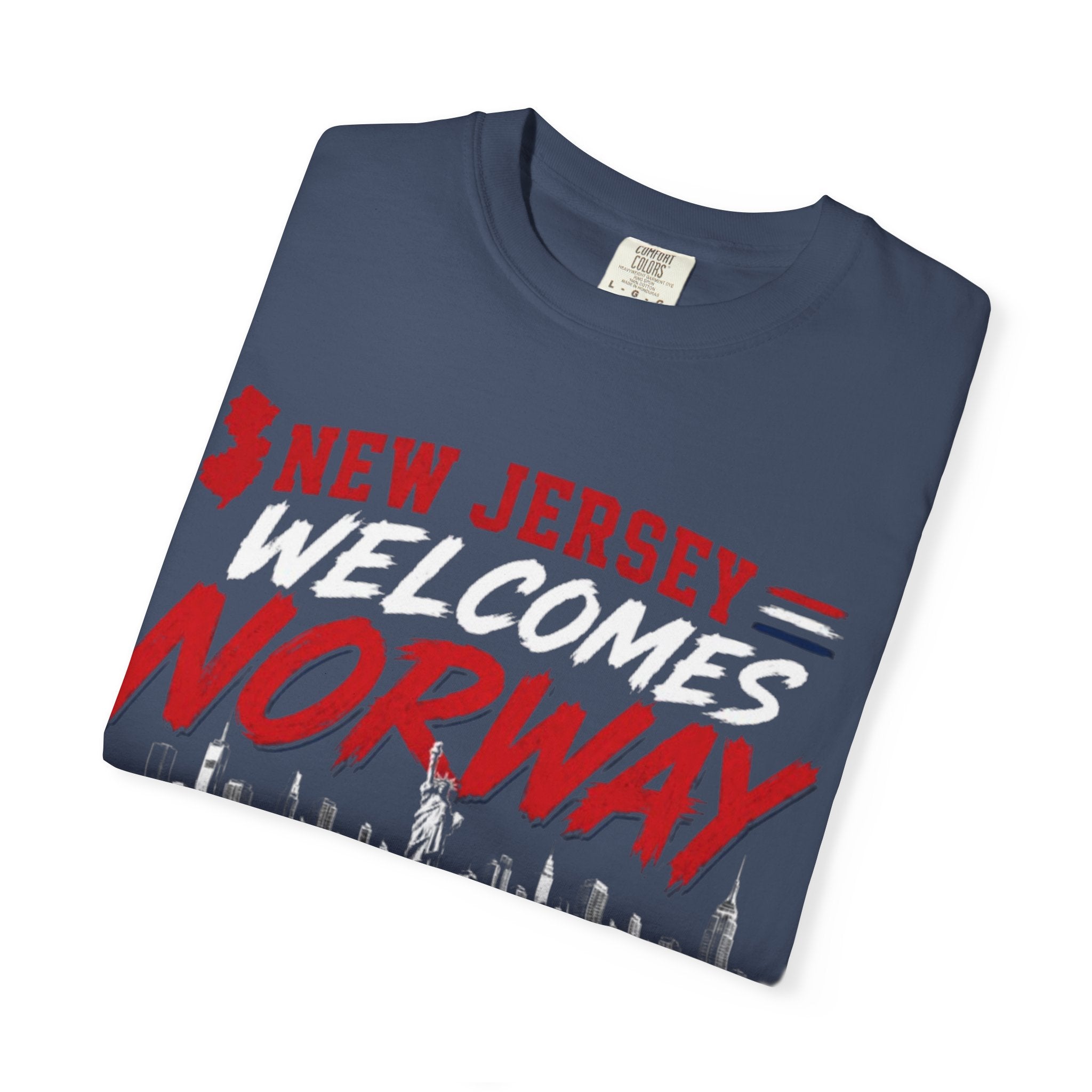 New Jersey Welcomes Norway T-Shirt | Norway Flag Soccer Jersey Skyline
