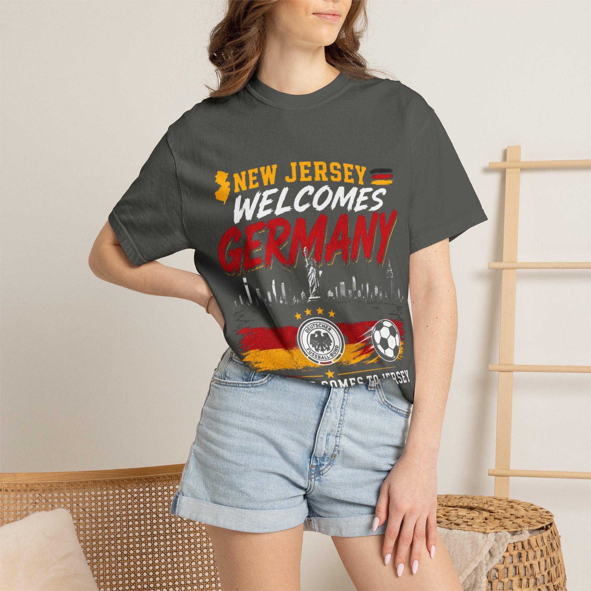 New Jersey Welcomes Germany T-Shirt | Soccer Flag Skyline Design