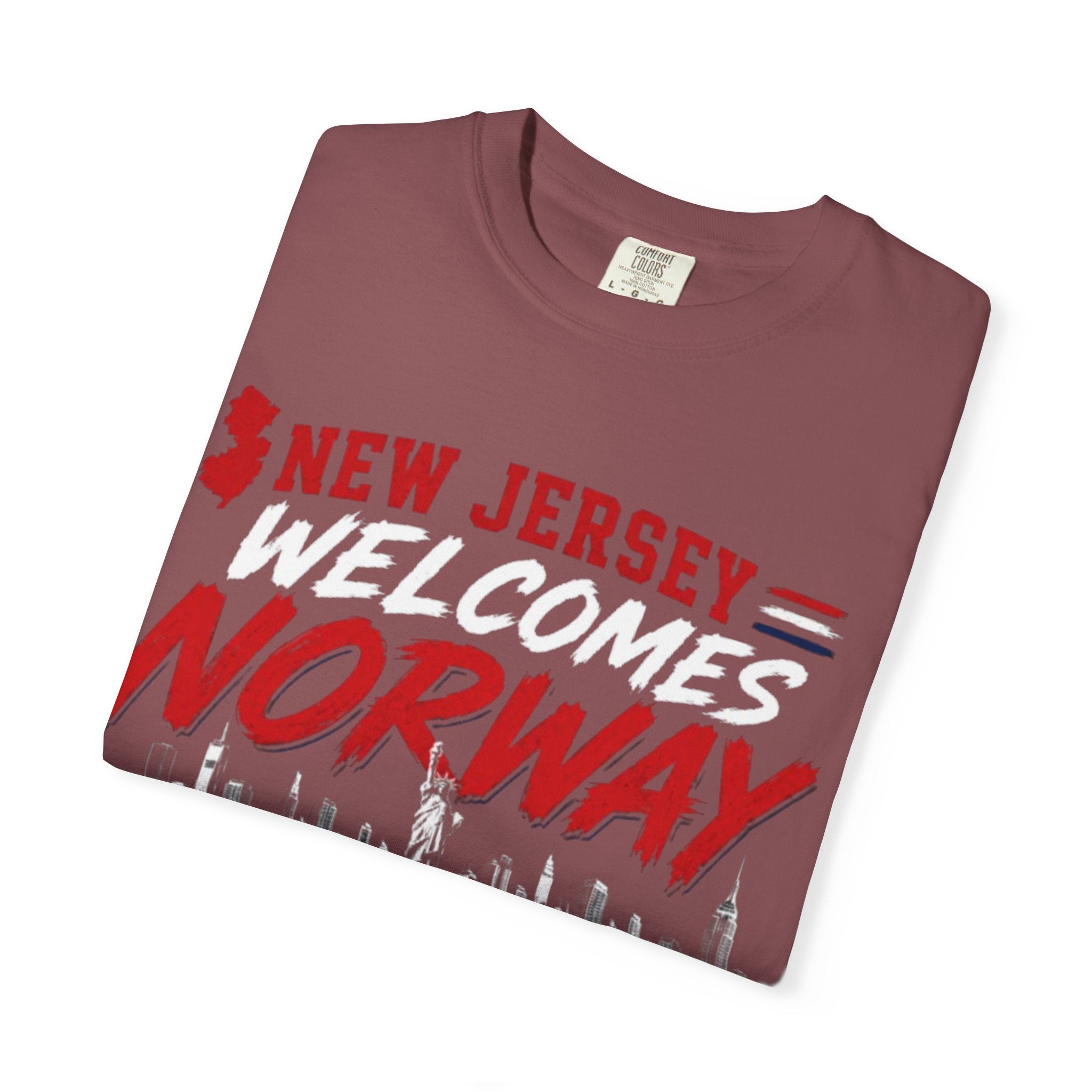 New Jersey Welcomes Norway T-Shirt | Norway Flag Soccer Jersey Skyline