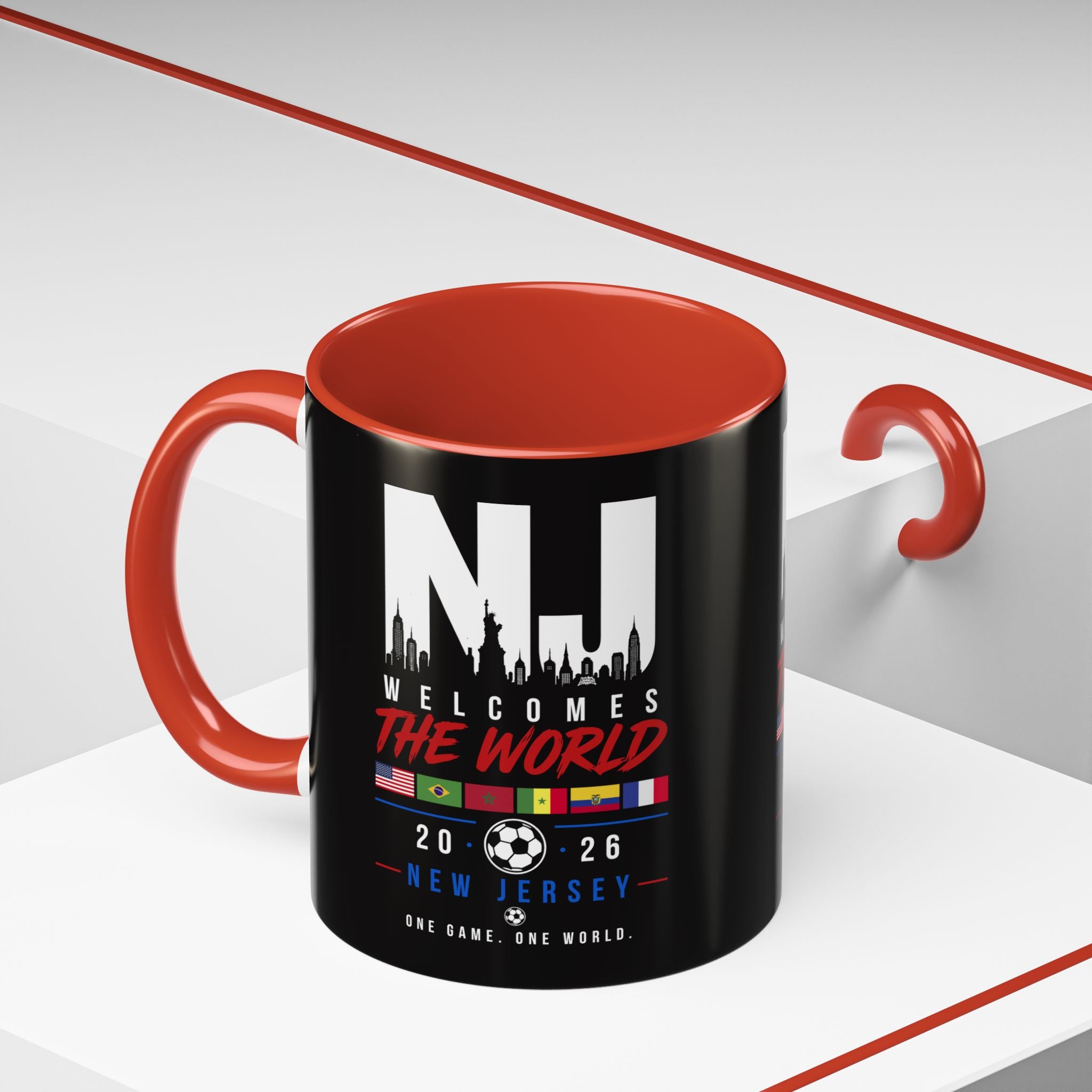 New Jersey Soccer World Cup Accent Coffee Mug — 'NJ Welcomes The World' 11/15oz