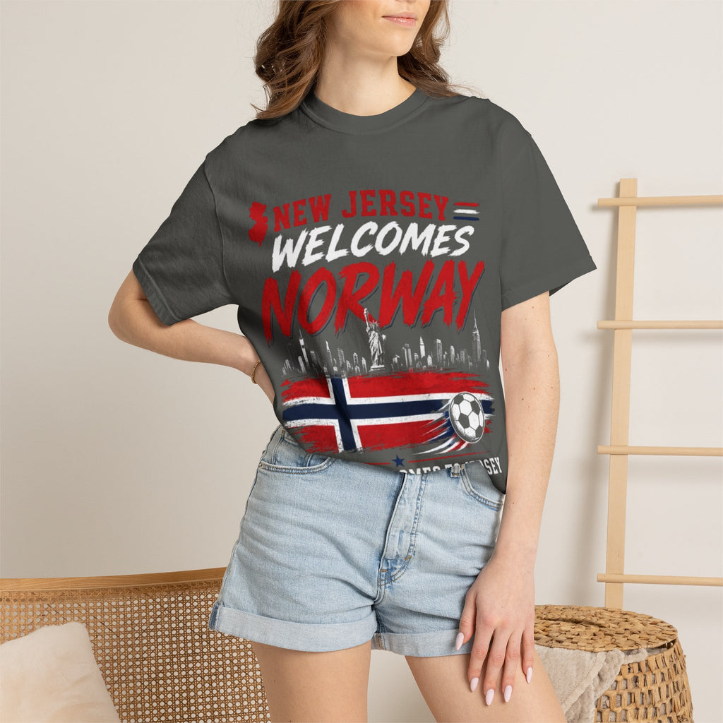 New Jersey Welcomes Norway T-Shirt | Norway Flag Soccer Jersey Skyline