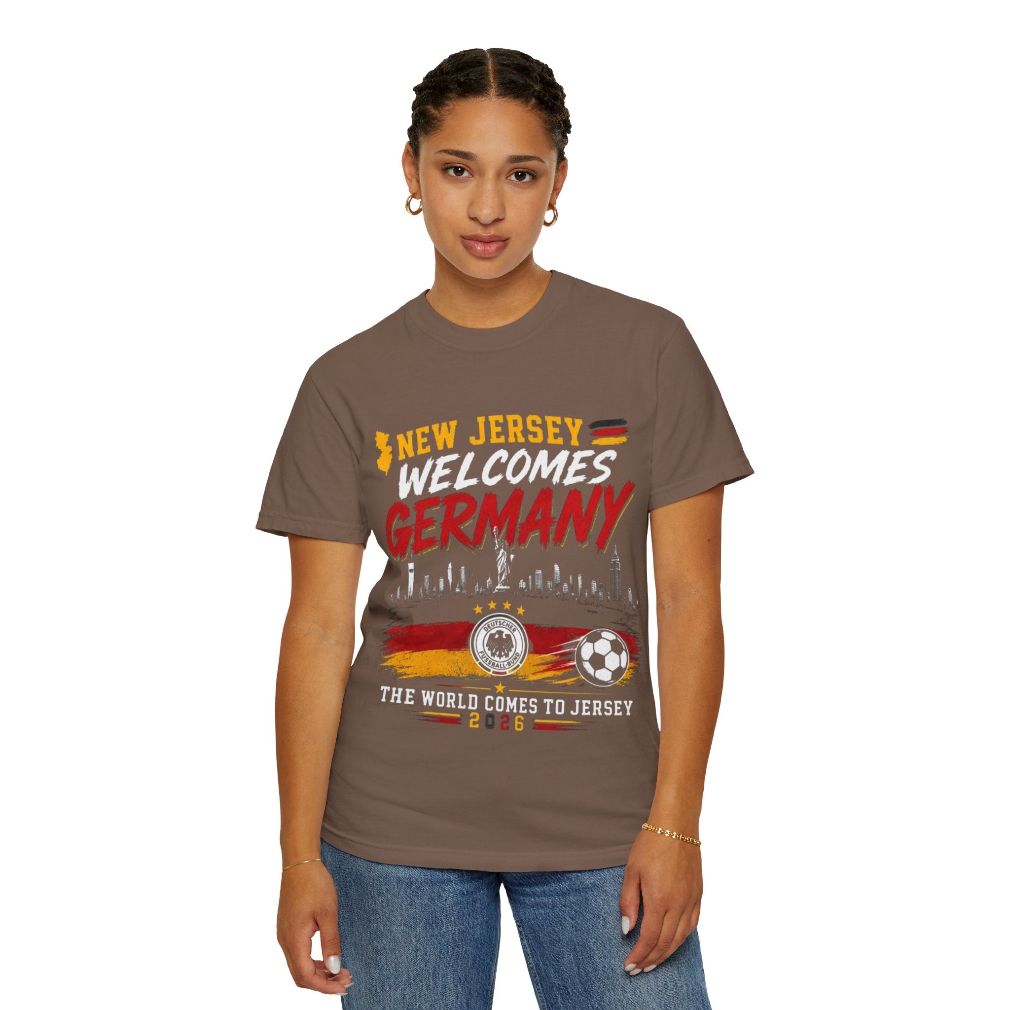 New Jersey Welcomes Germany T-Shirt | Soccer Flag Skyline Design