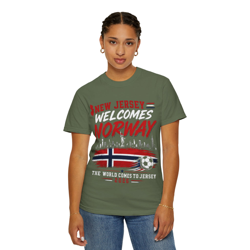 New Jersey Welcomes Norway T-Shirt | Norway Flag Soccer Jersey Skyline
