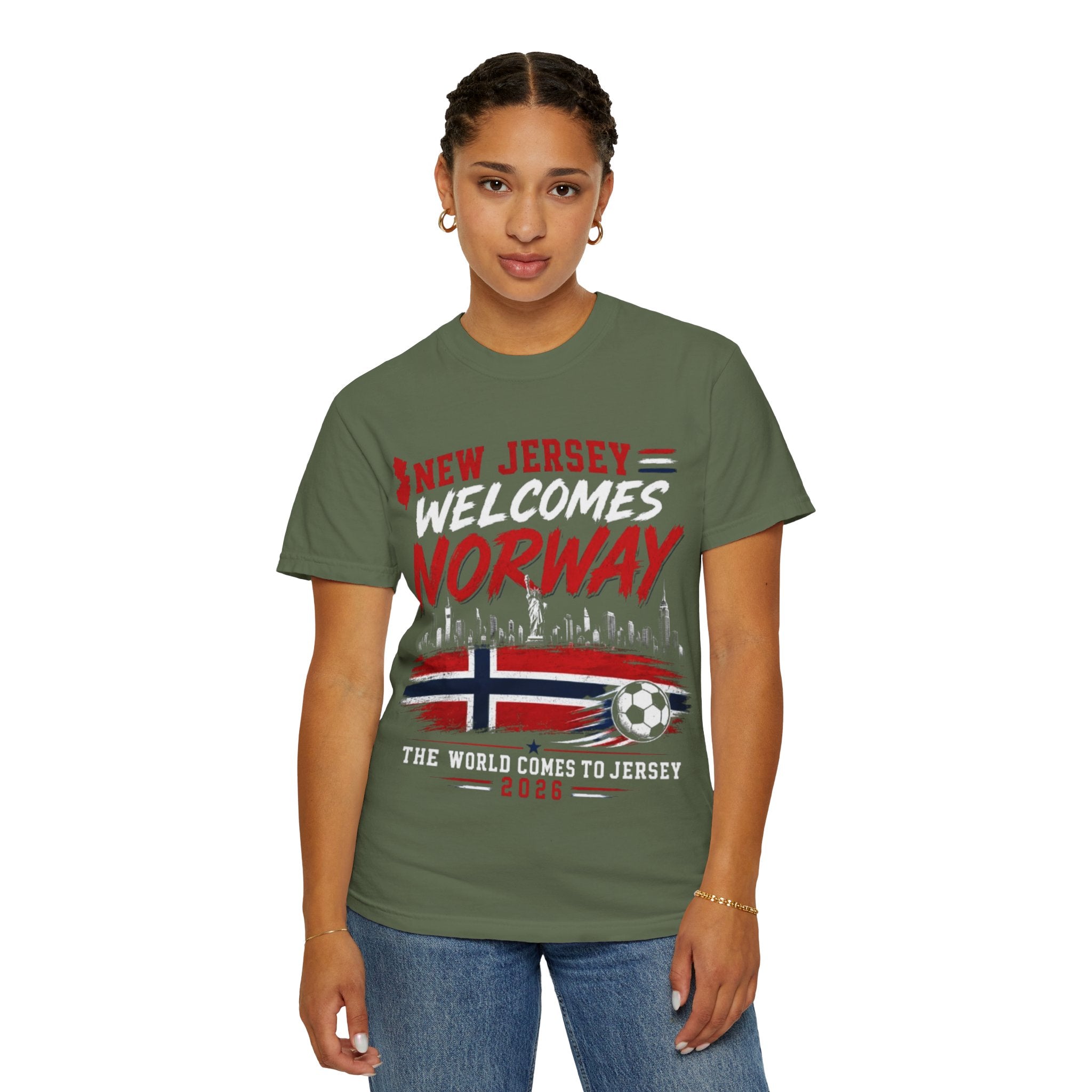 New Jersey Welcomes Norway T-Shirt | Norway Flag Soccer Jersey Skyline