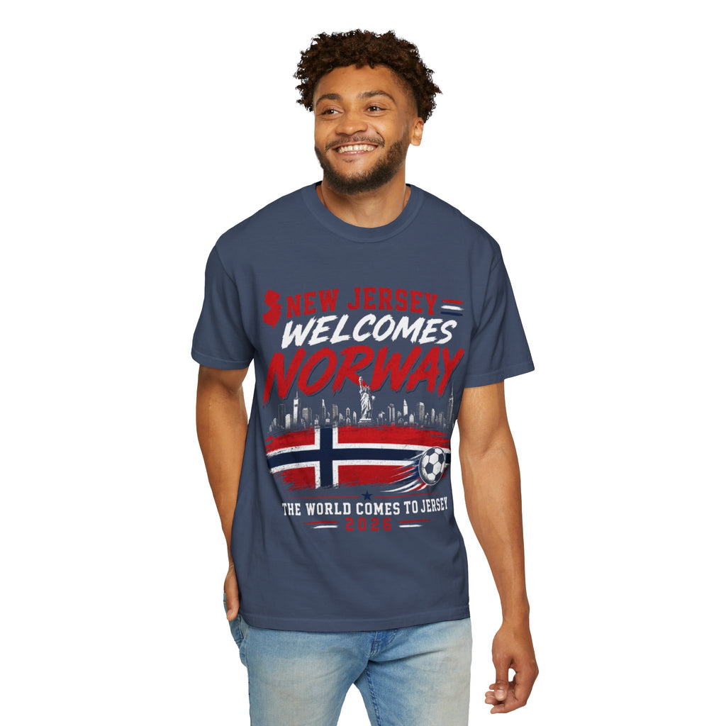 New Jersey Welcomes Norway T-Shirt | Norway Flag Soccer Jersey Skyline