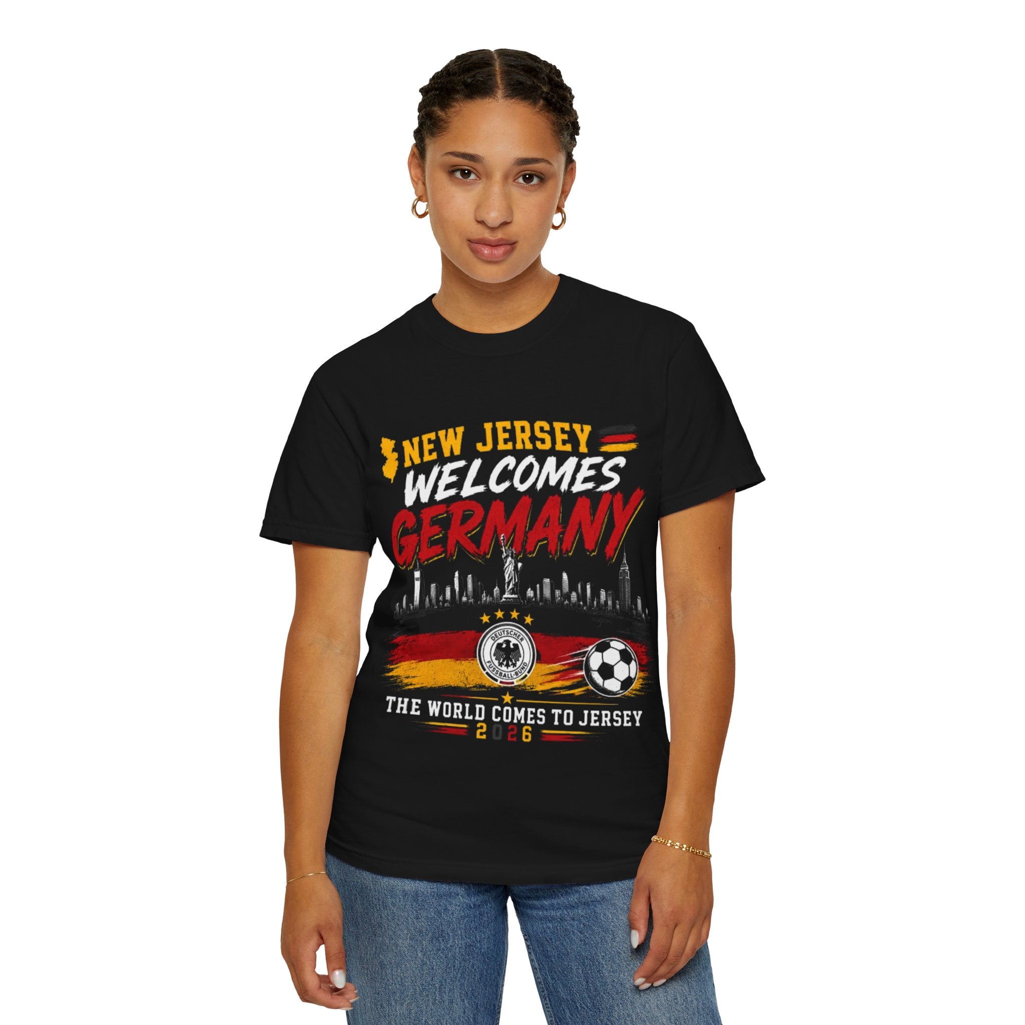 New Jersey Welcomes Germany T-Shirt | Soccer Flag Skyline Design