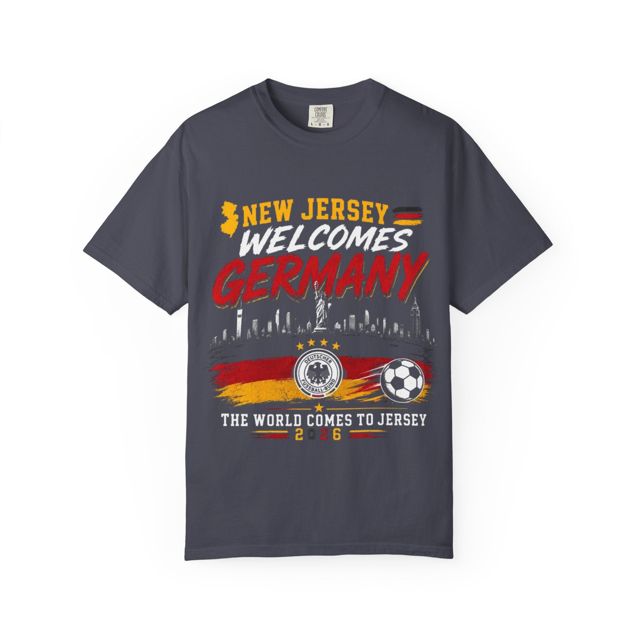 New Jersey Welcomes Germany T-Shirt | Soccer Flag Skyline Design