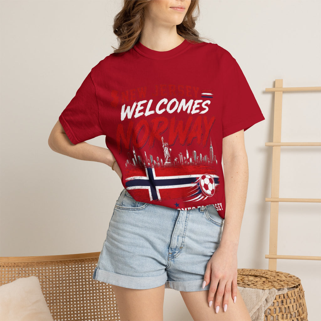 New Jersey Welcomes Norway T-Shirt | Norway Flag Soccer Jersey Skyline