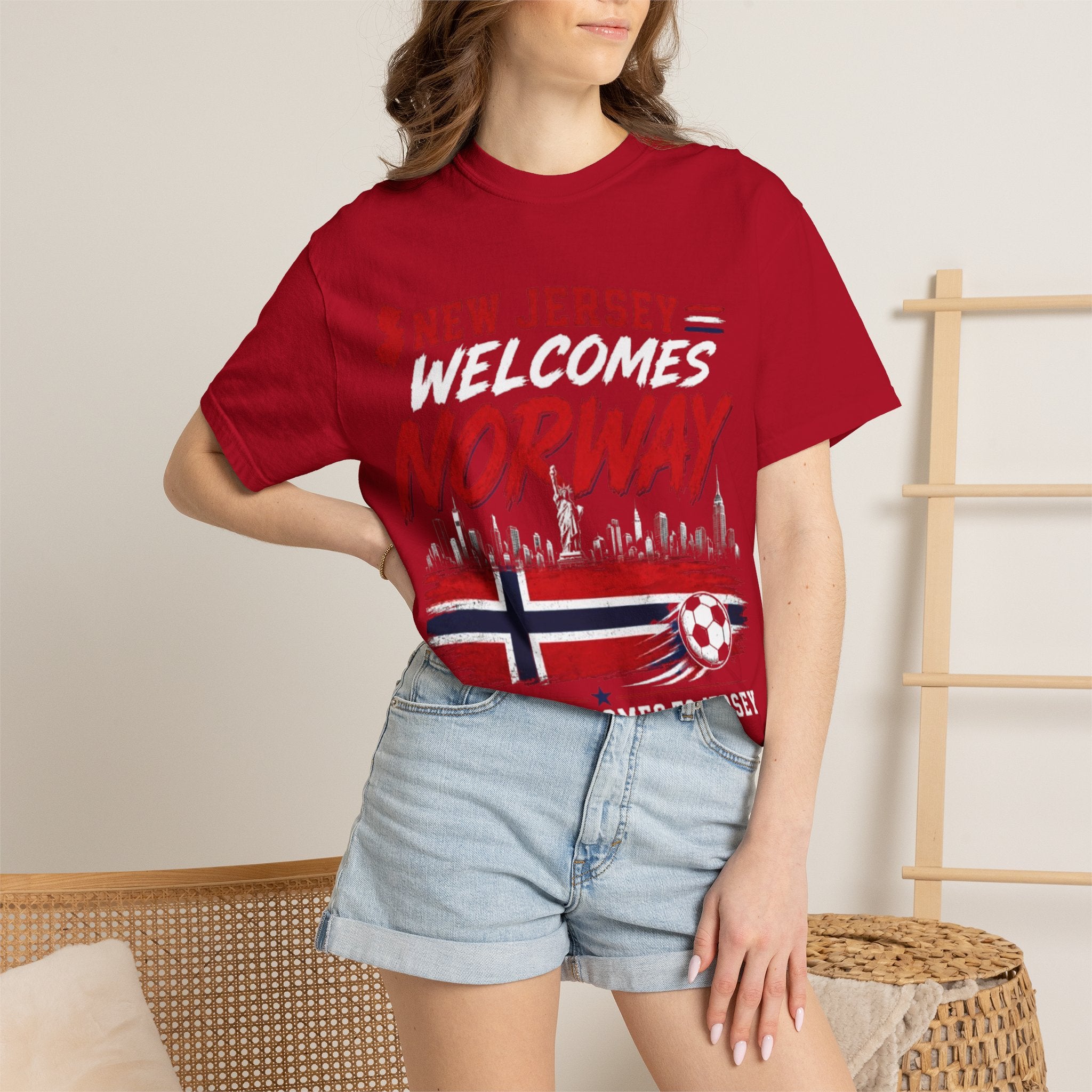 New Jersey Welcomes Norway T-Shirt | Norway Flag Soccer Jersey Skyline