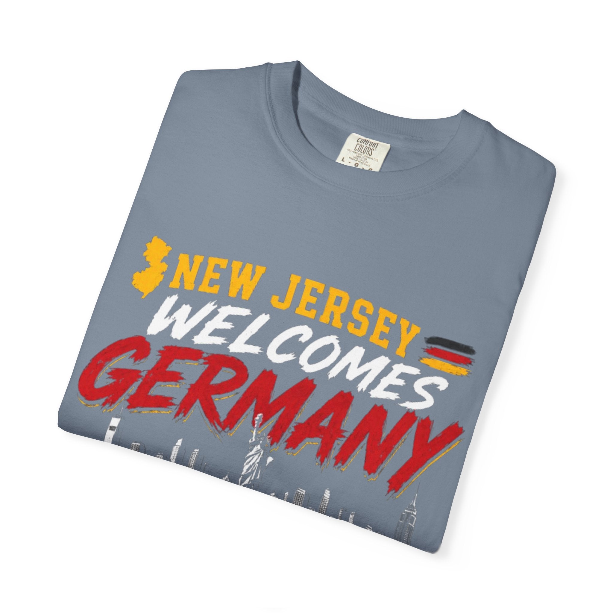 New Jersey Welcomes Germany T-Shirt | Soccer Flag Skyline Design