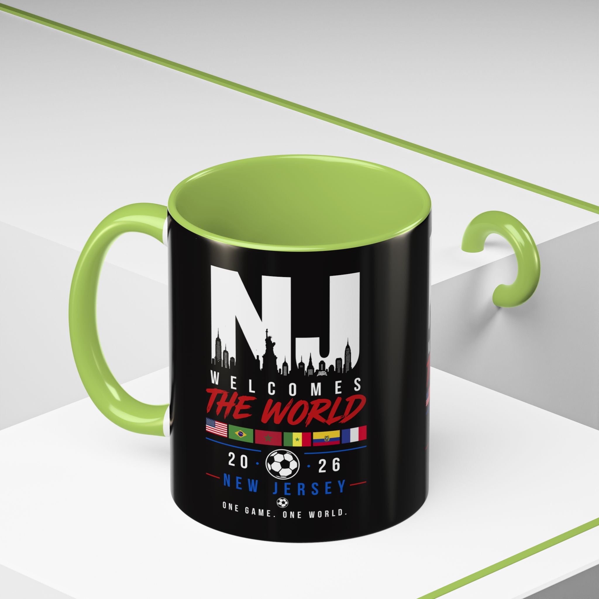 New Jersey Soccer World Cup Accent Coffee Mug — 'NJ Welcomes The World' 11/15oz