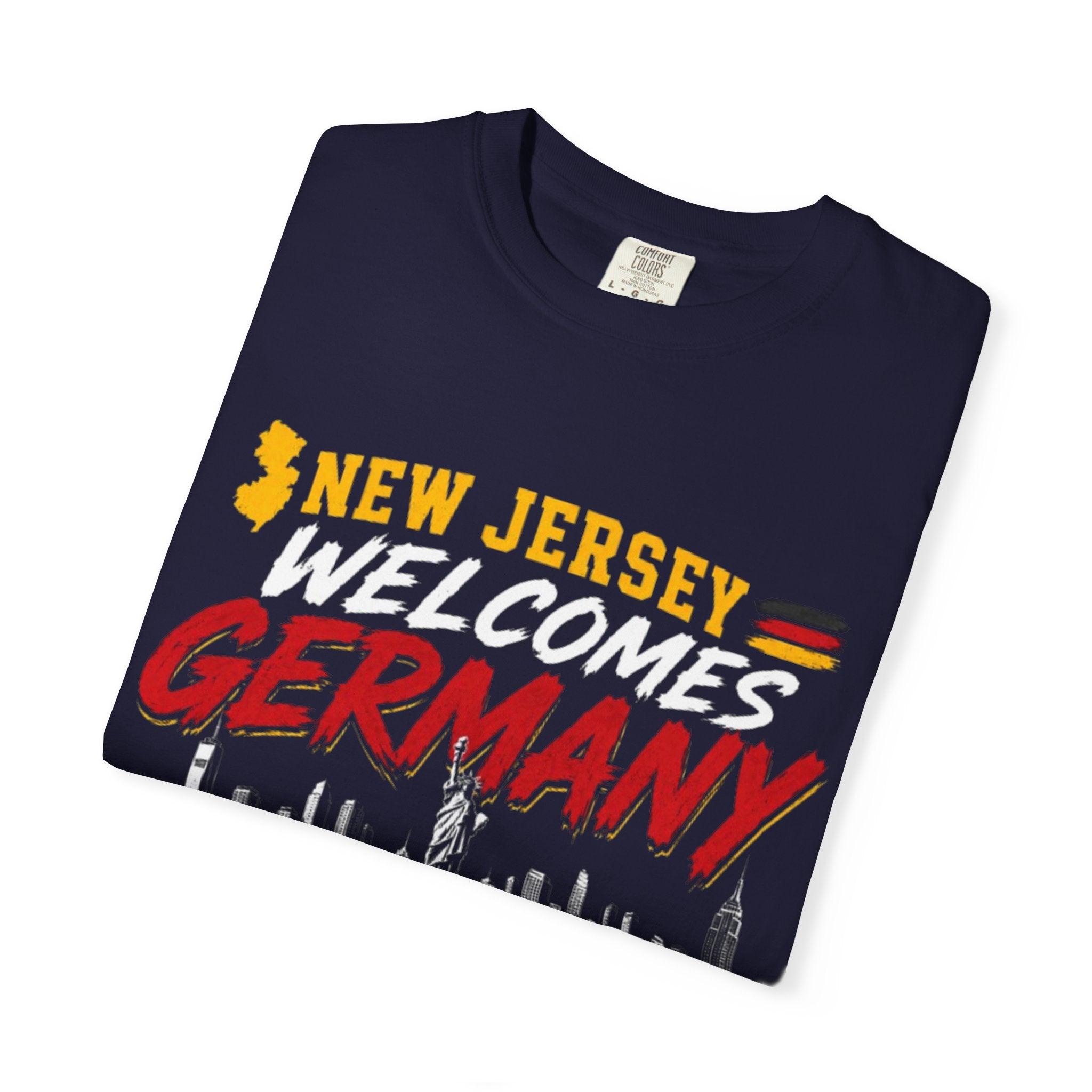New Jersey Welcomes Germany T-Shirt | Soccer Flag Skyline Design