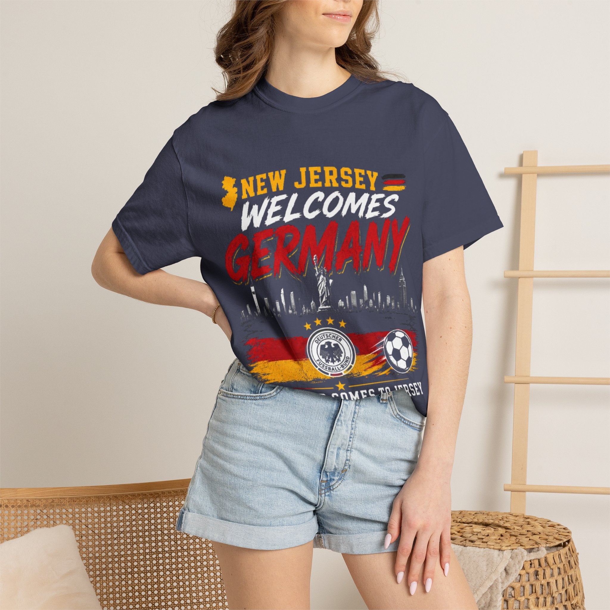 New Jersey Welcomes Germany T-Shirt | Soccer Flag Skyline Design