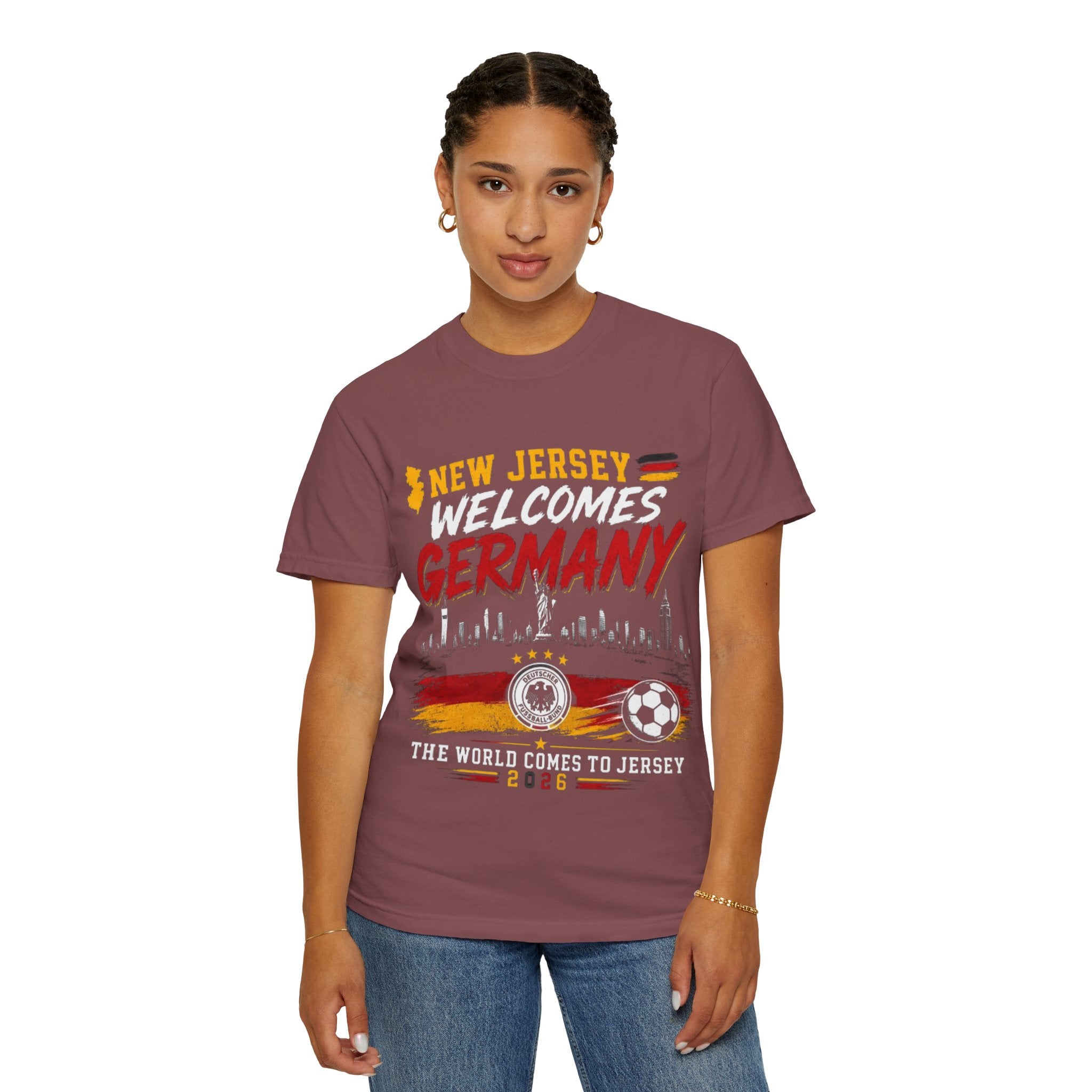 New Jersey Welcomes Germany T-Shirt | Soccer Flag Skyline Design