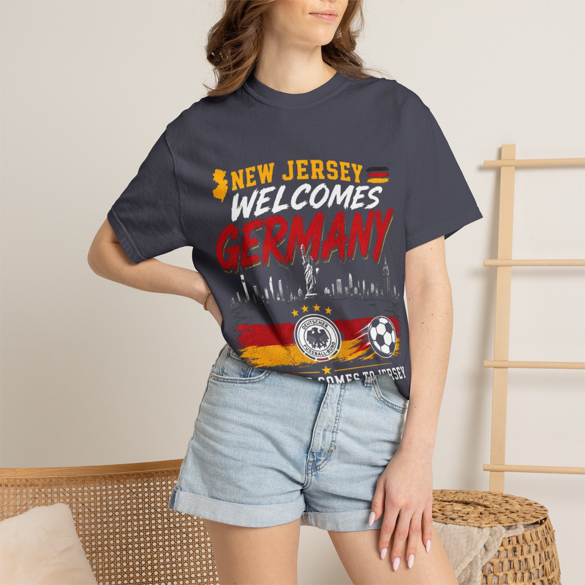 New Jersey Welcomes Germany T-Shirt | Soccer Flag Skyline Design