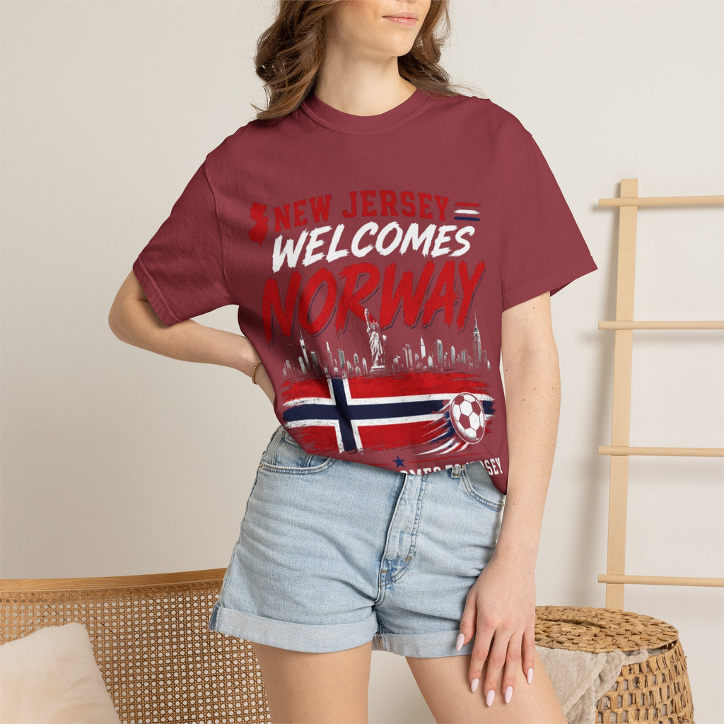 New Jersey Welcomes Norway T-Shirt | Norway Flag Soccer Jersey Skyline