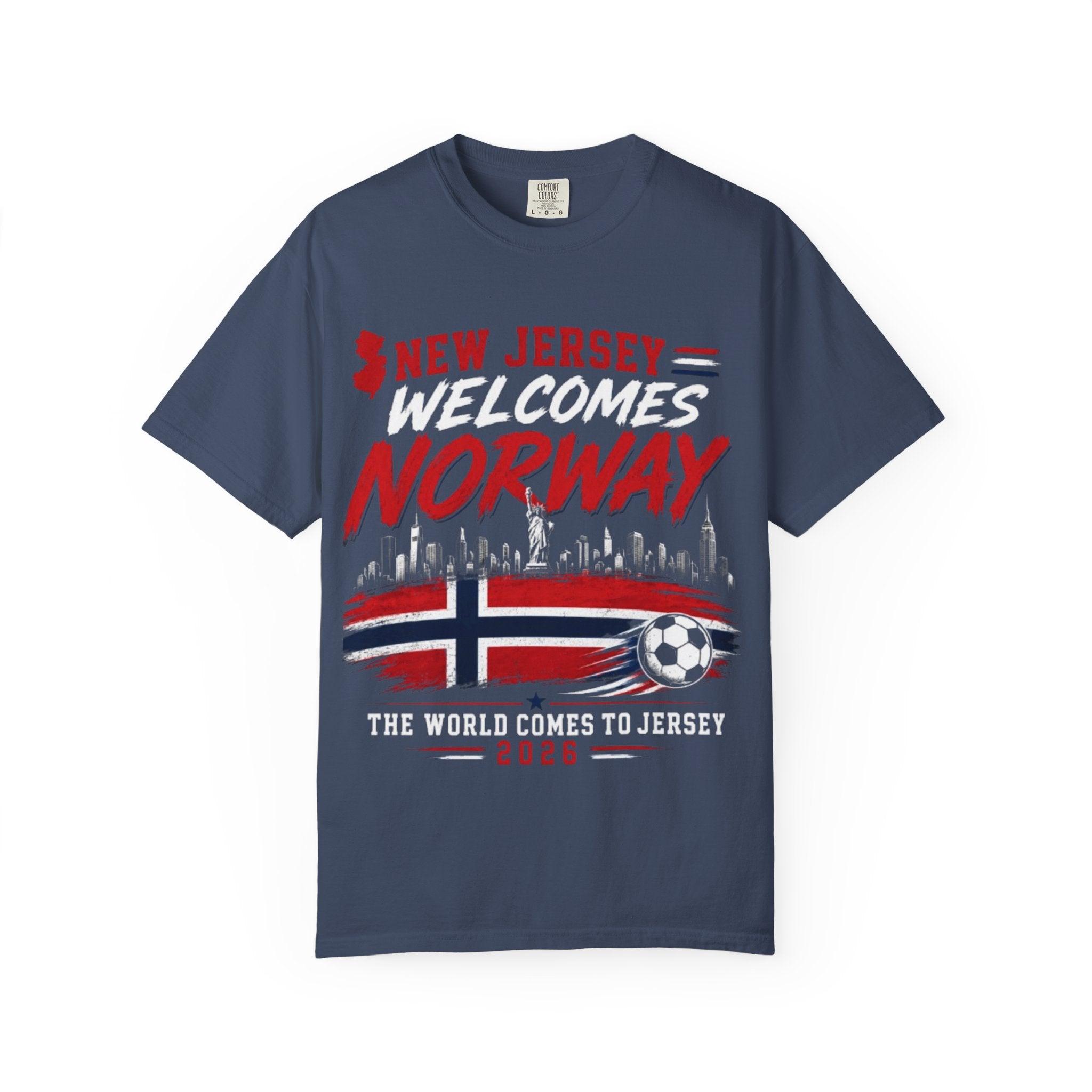 New Jersey Welcomes Norway T-Shirt | Norway Flag Soccer Jersey Skyline