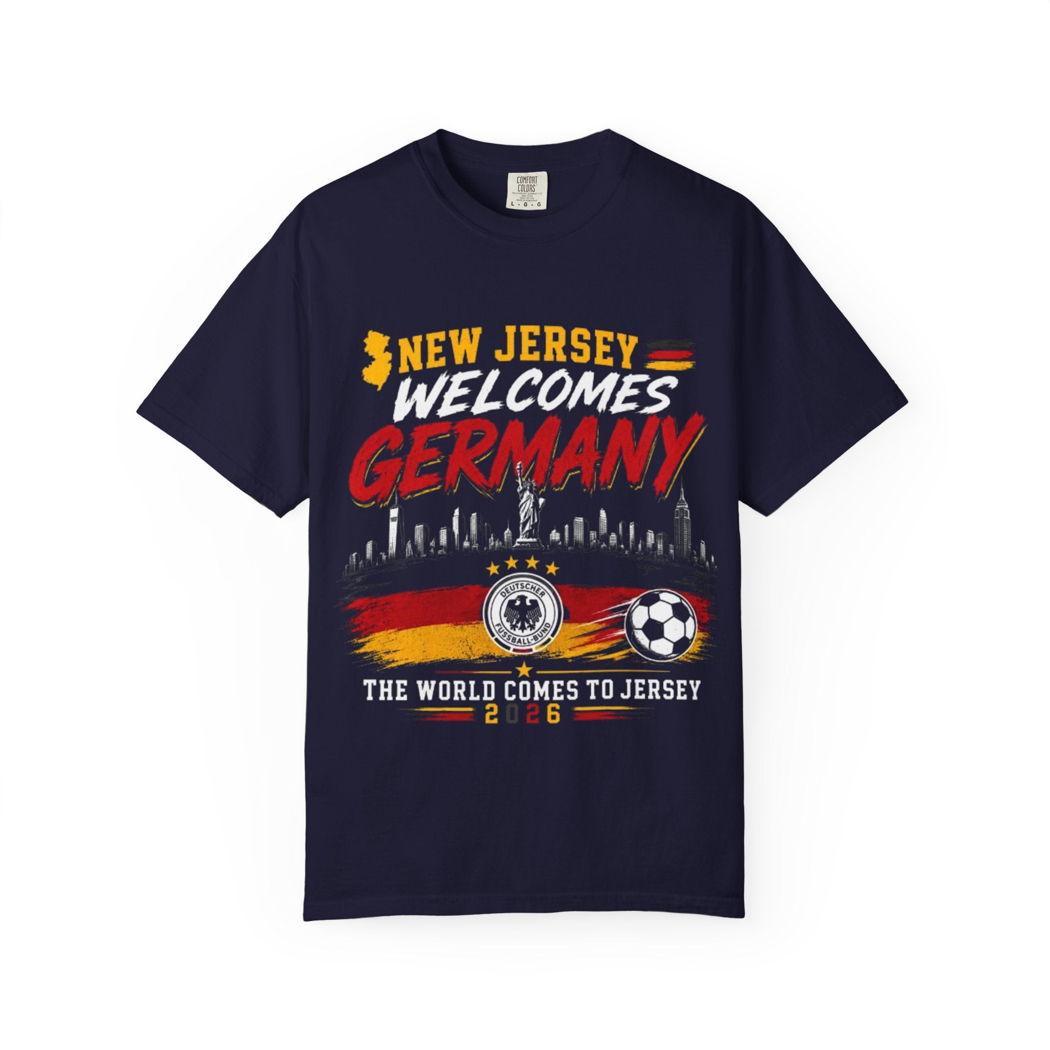 New Jersey Welcomes Germany T-Shirt | Soccer Flag Skyline Design