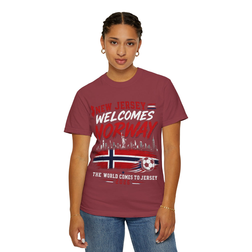 New Jersey Welcomes Norway T-Shirt | Norway Flag Soccer Jersey Skyline