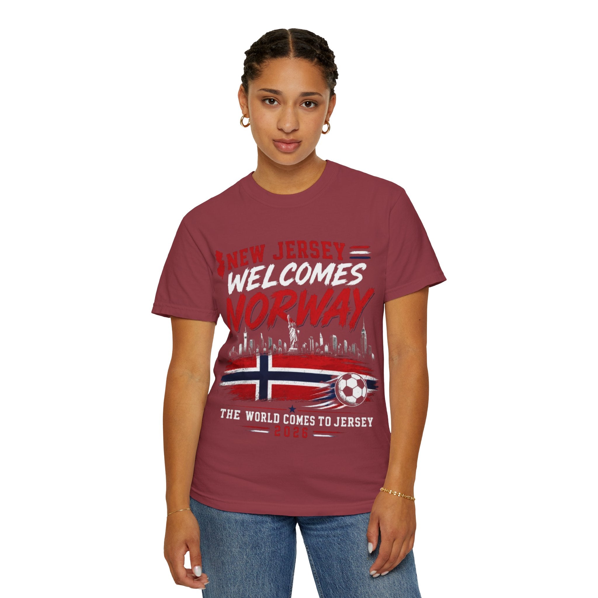 New Jersey Welcomes Norway T-Shirt | Norway Flag Soccer Jersey Skyline