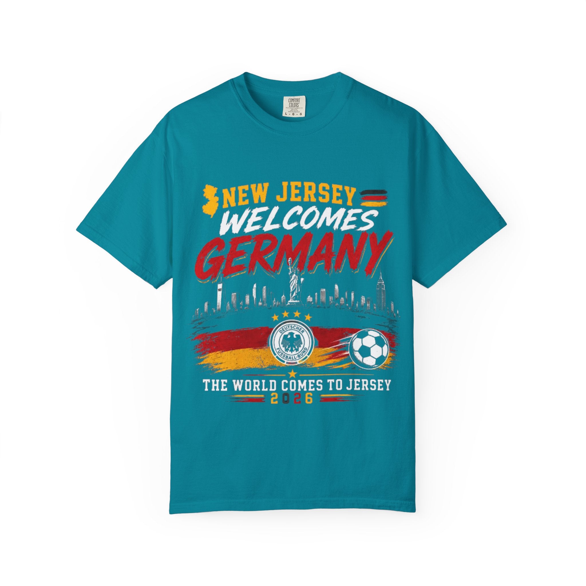 New Jersey Welcomes Germany T-Shirt | Soccer Flag Skyline Design