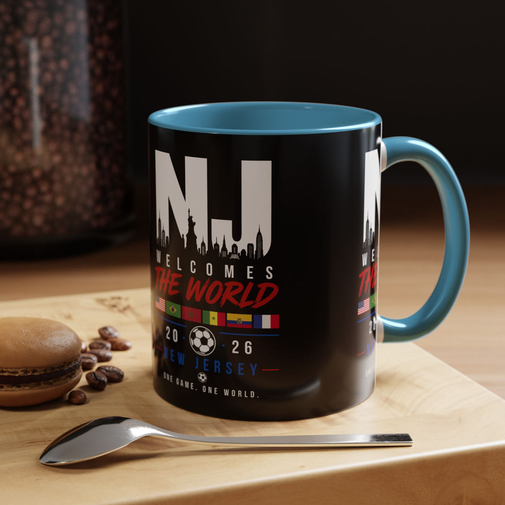 New Jersey Soccer World Cup Accent Coffee Mug — 'NJ Welcomes The World' 11/15oz