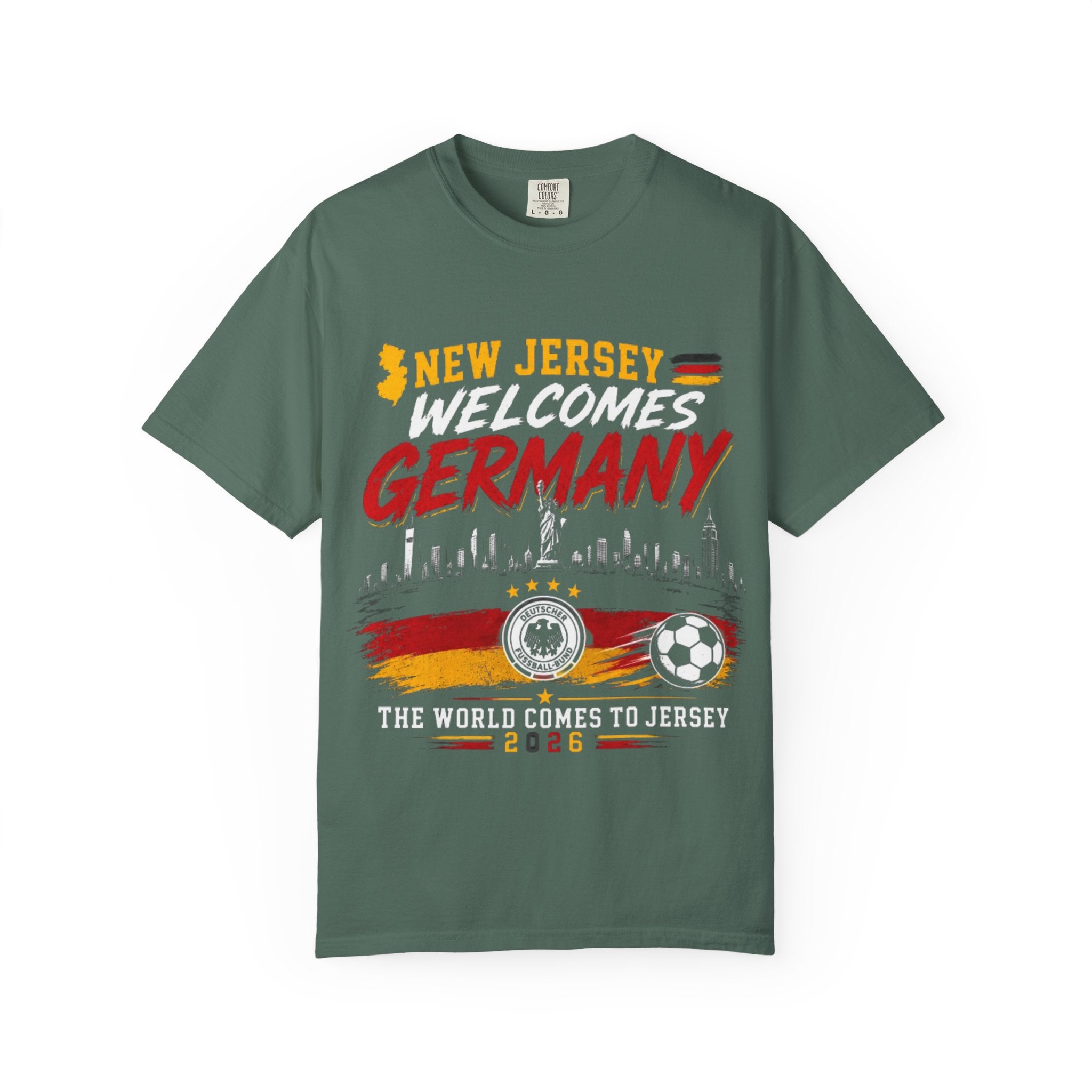 New Jersey Welcomes Germany T-Shirt | Soccer Flag Skyline Design