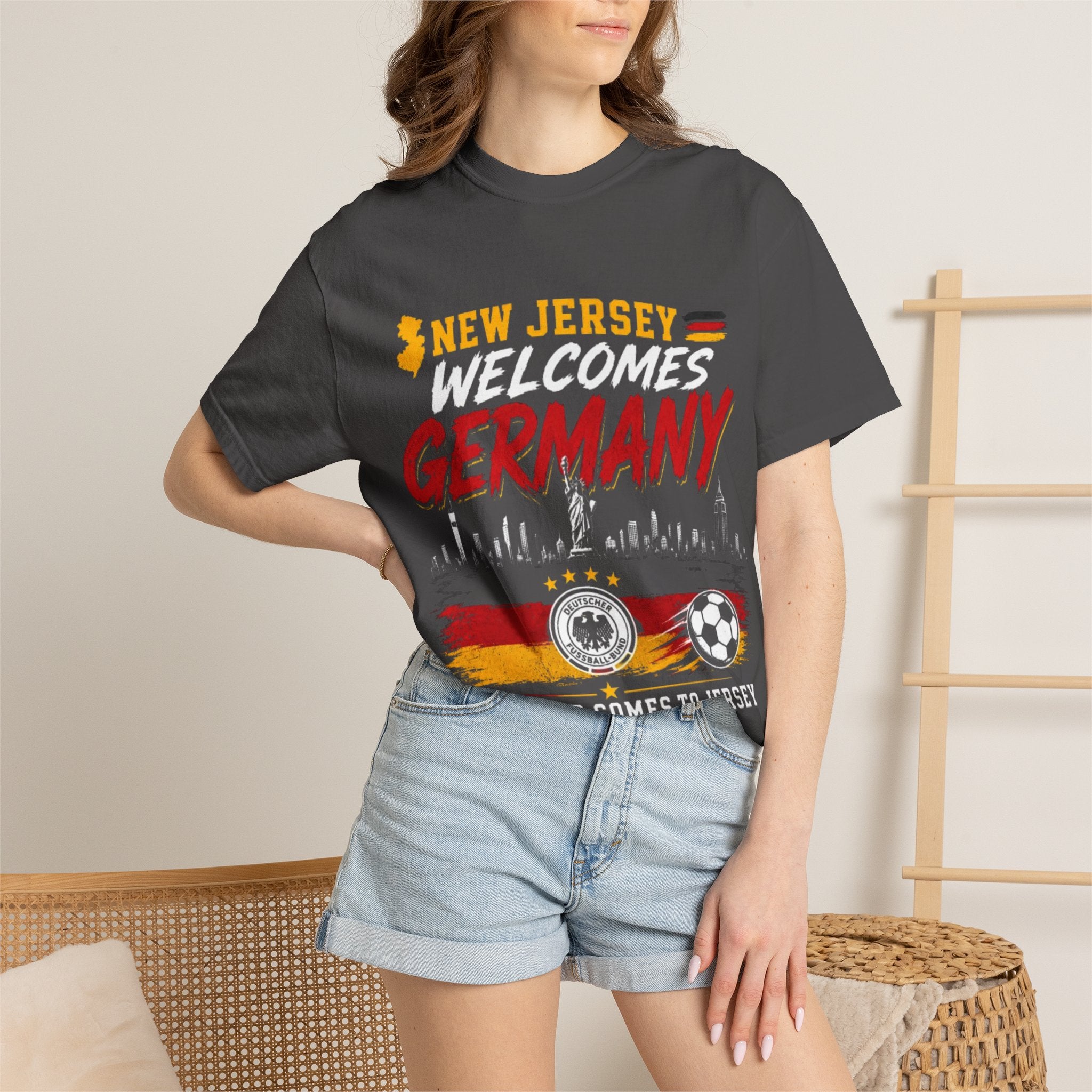 New Jersey Welcomes Germany T-Shirt | Soccer Flag Skyline Design