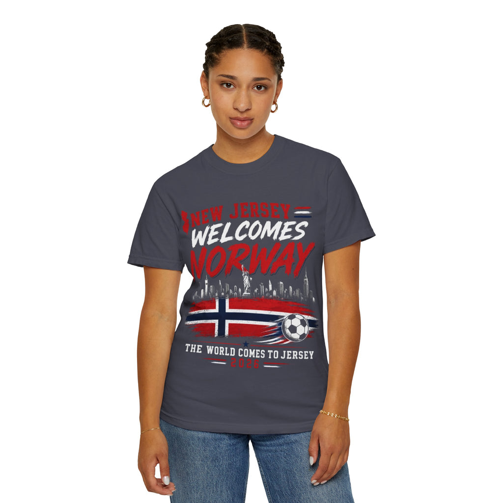 New Jersey Welcomes Norway T-Shirt | Norway Flag Soccer Jersey Skyline