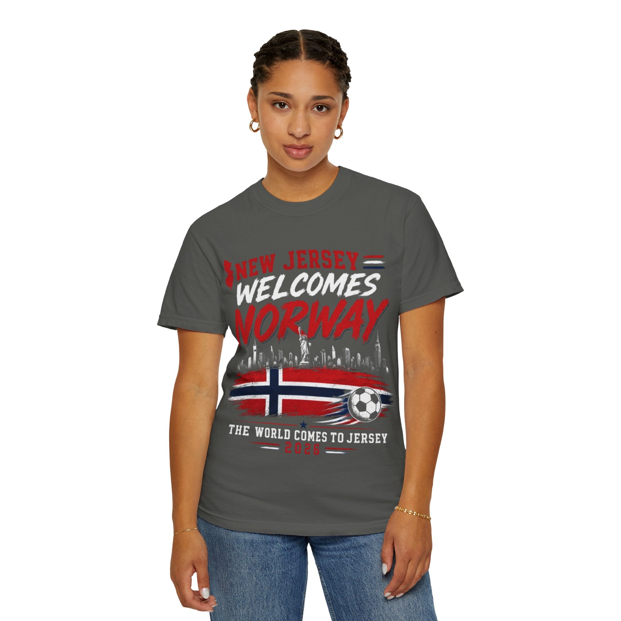 New Jersey Welcomes Norway T-Shirt | Norway Flag Soccer Jersey Skyline