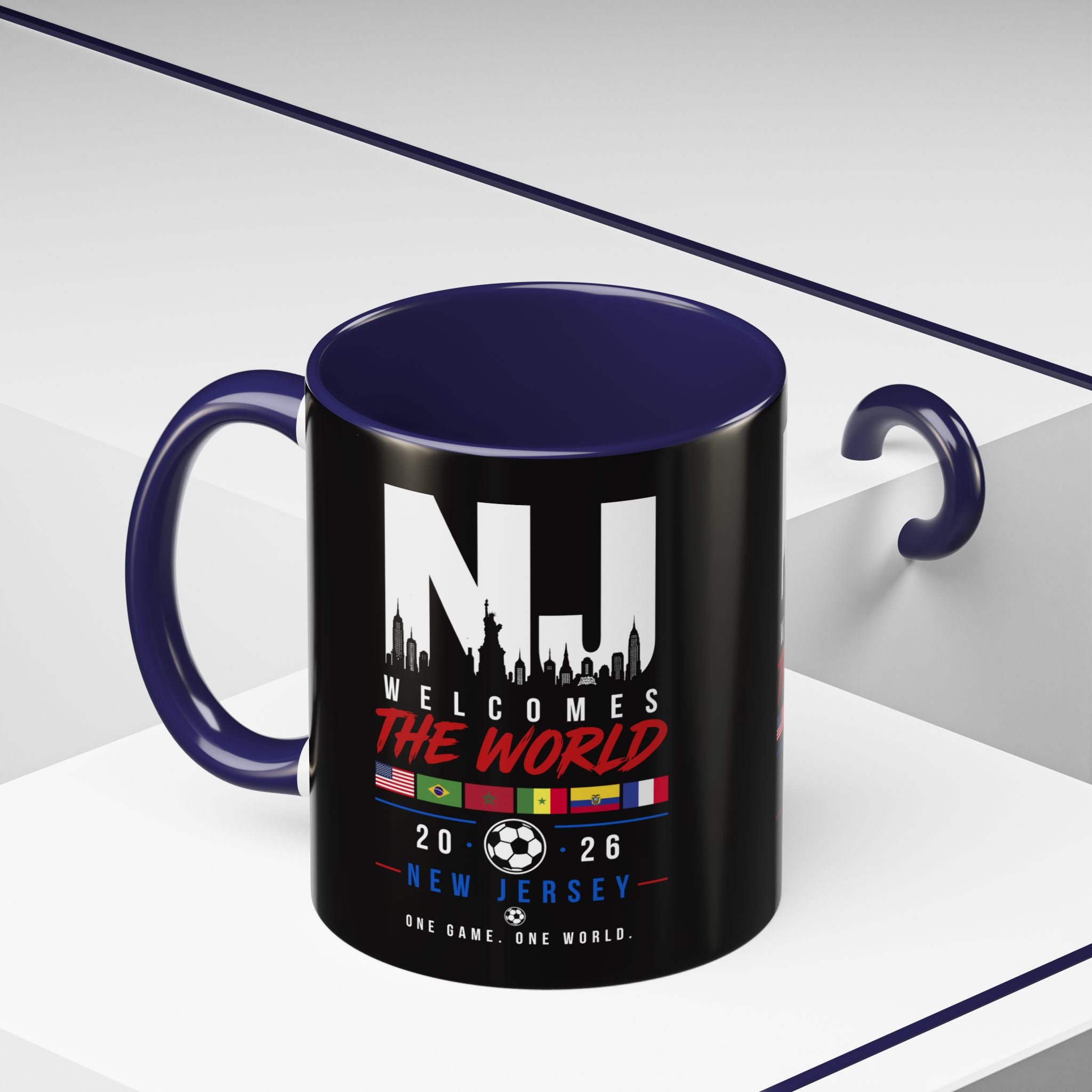 New Jersey Soccer World Cup Accent Coffee Mug — 'NJ Welcomes The World' 11/15oz