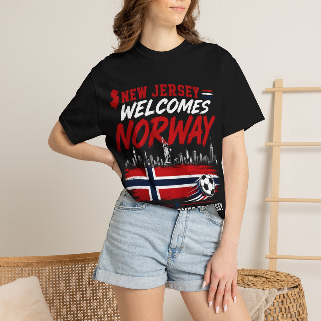 New Jersey Welcomes Norway T-Shirt | Norway Flag Soccer Jersey Skyline