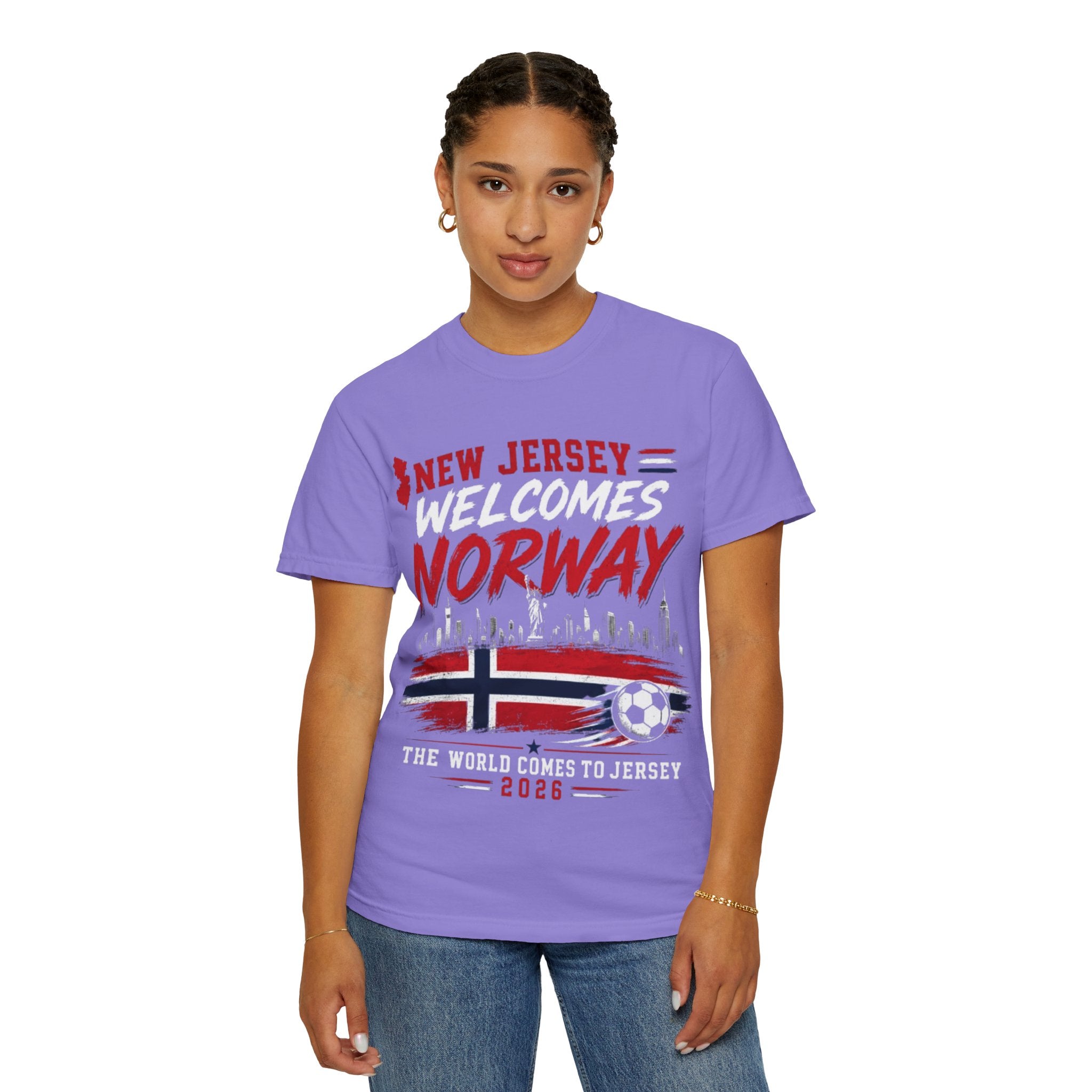 New Jersey Welcomes Norway T-Shirt | Norway Flag Soccer Jersey Skyline