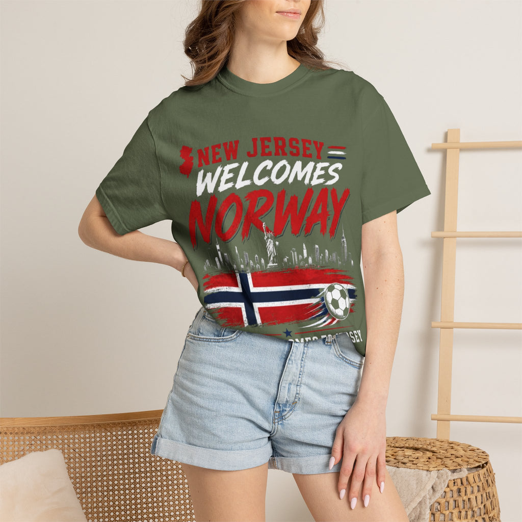 New Jersey Welcomes Norway T-Shirt | Norway Flag Soccer Jersey Skyline