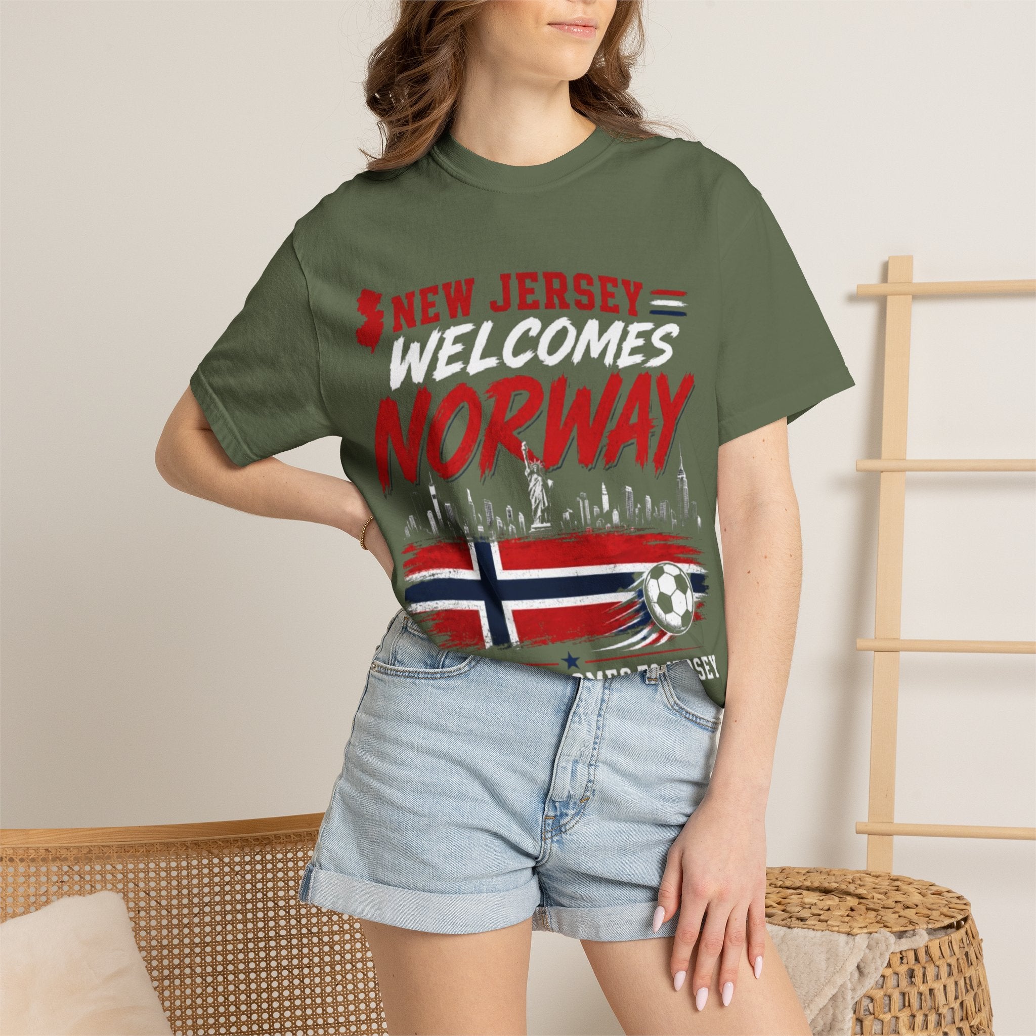 New Jersey Welcomes Norway T-Shirt | Norway Flag Soccer Jersey Skyline