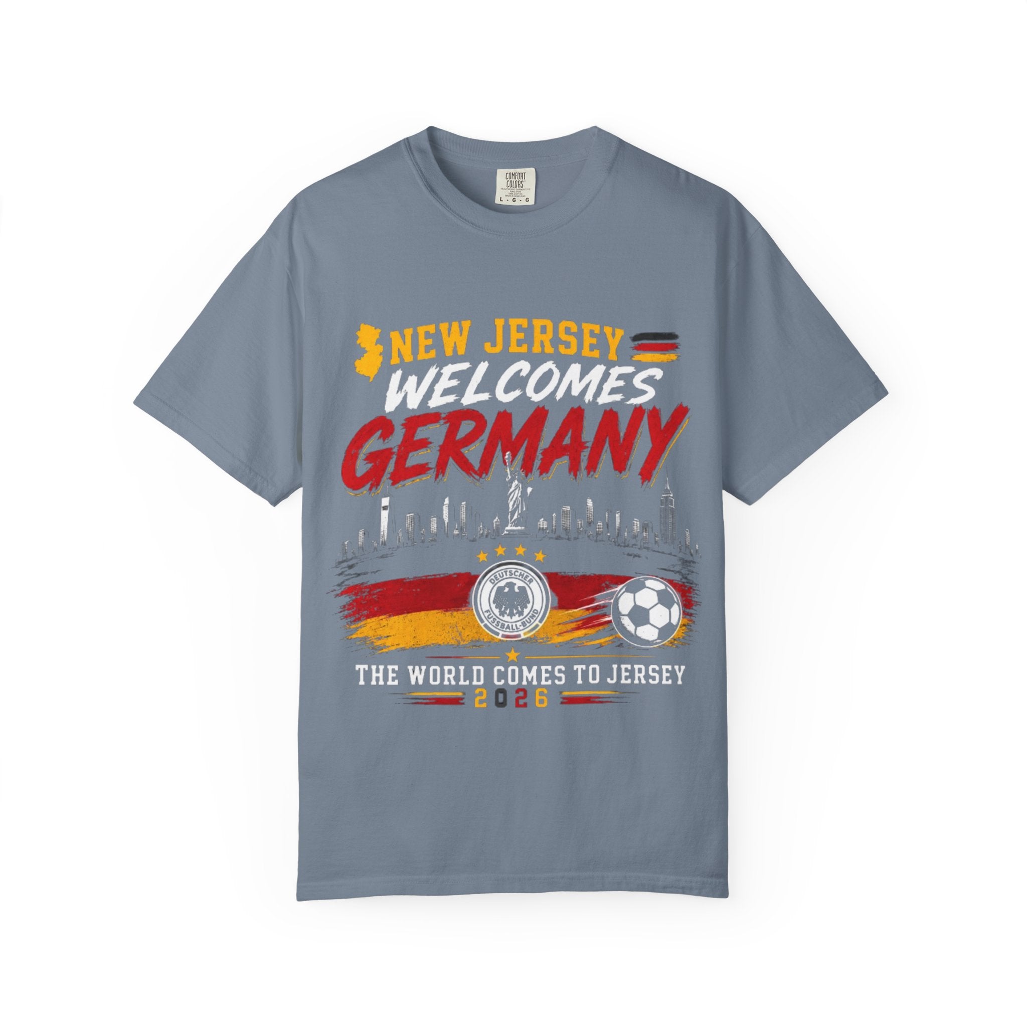 New Jersey Welcomes Germany T-Shirt | Soccer Flag Skyline Design
